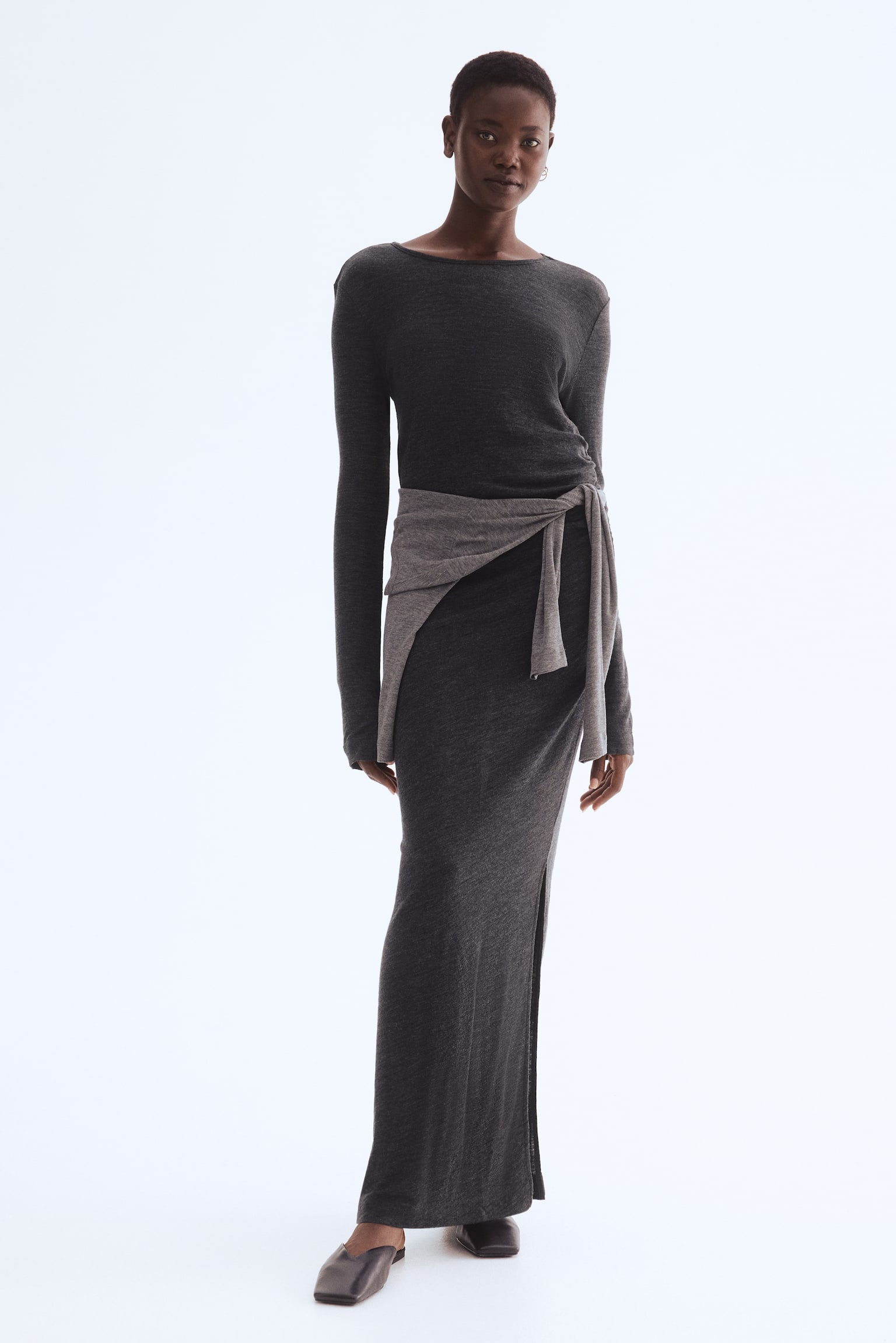 Μακρύ μάλλινο φόρεμα - Σκούρο γκρι μελανζέ/Σκούρο καφέ - 3