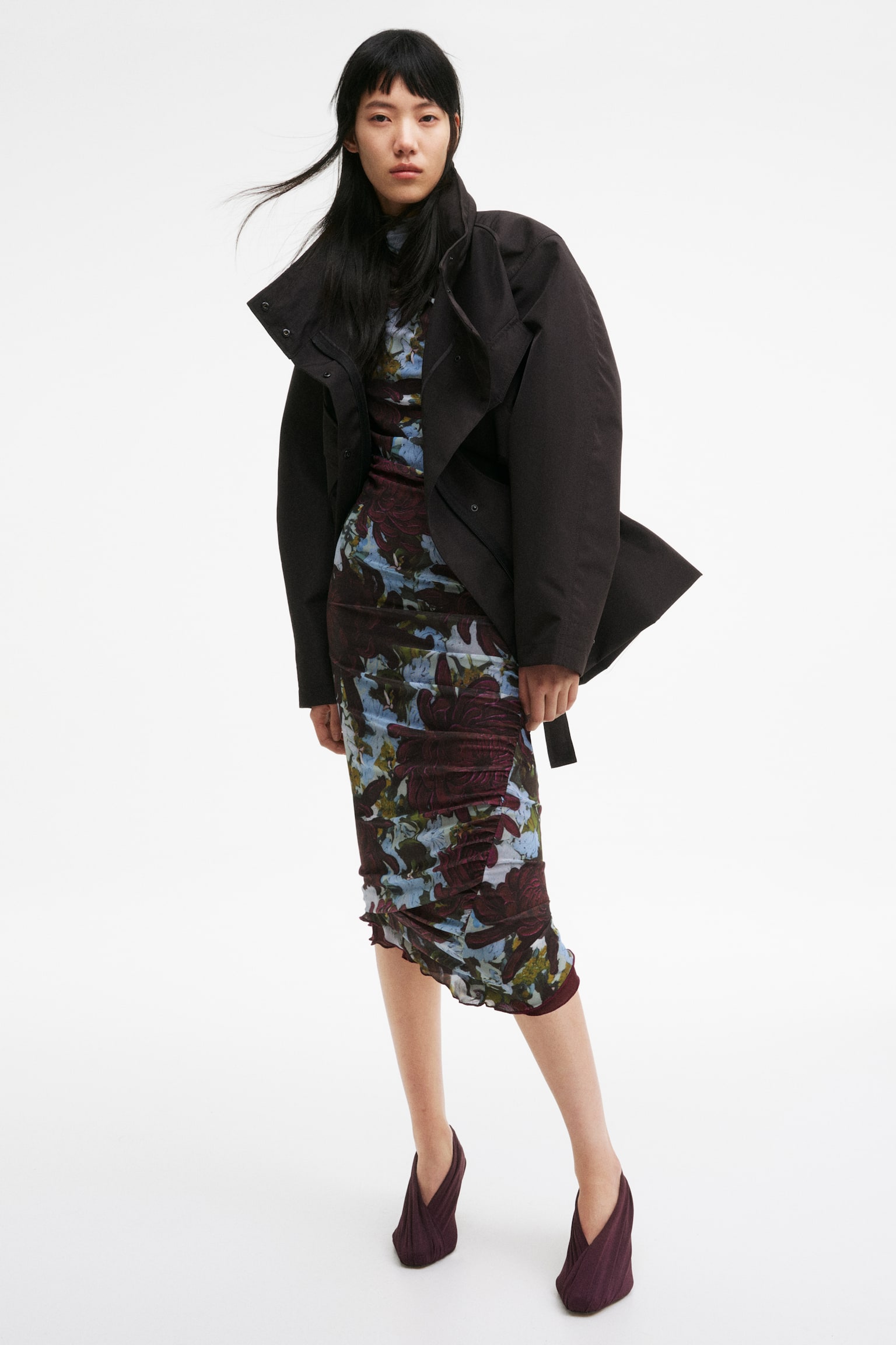 שמלת רשת א-סימטרית - סגול שזיף/פרחוני - 1