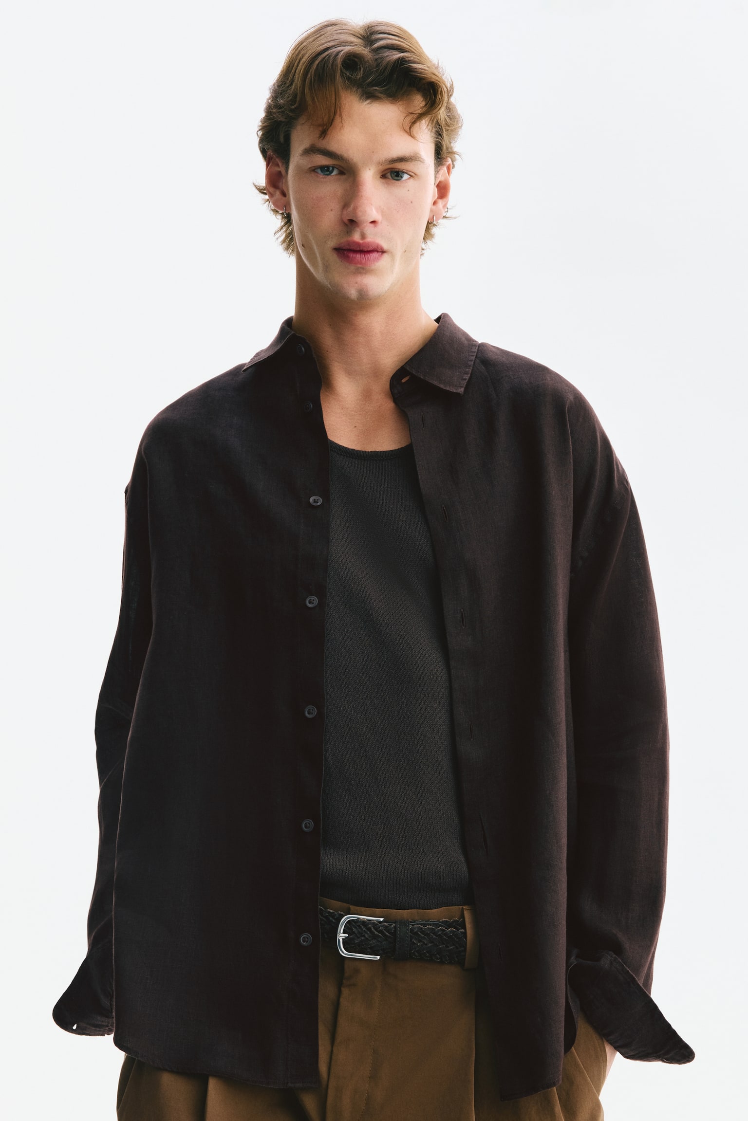 Relaxed Fit Linen shirt - Dark brown/White/Navy blue/Cream - 1