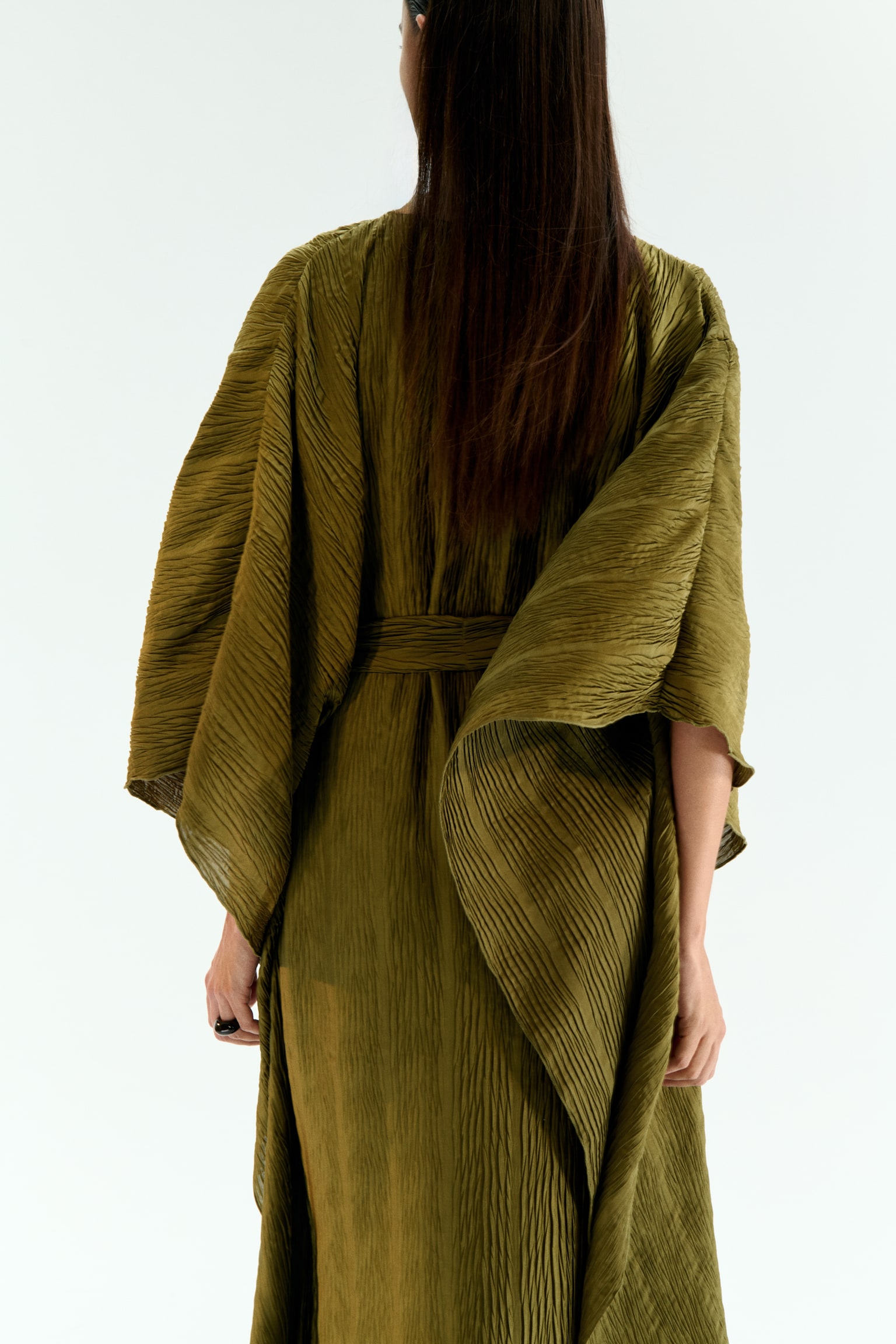 Crinkled tie-belt kaftan dress - Dark khaki green/Light beige - 5