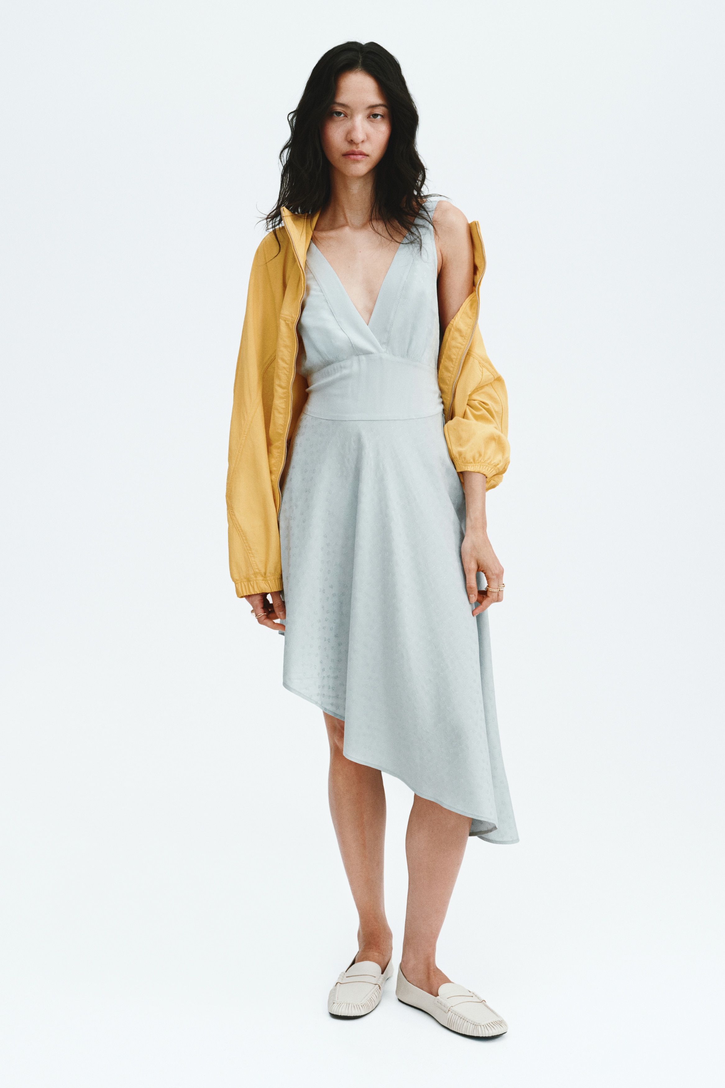 Asimetrična haljina od žakarne tkanine - Svetla prašnjavotirkizna