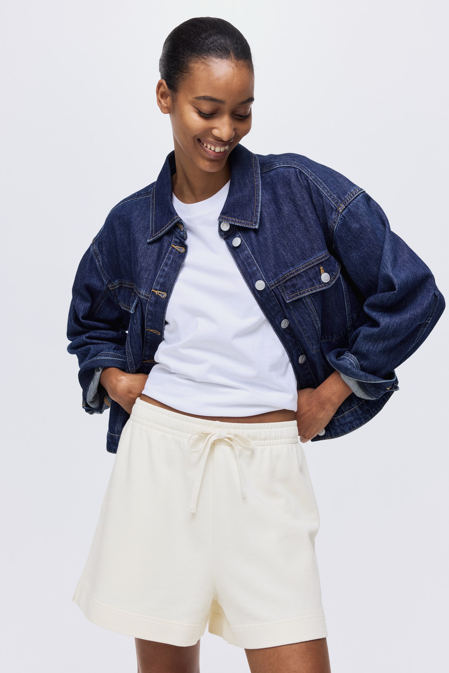 水洗棉質運動短褲 - 奶油色/淺灰米色 - 3