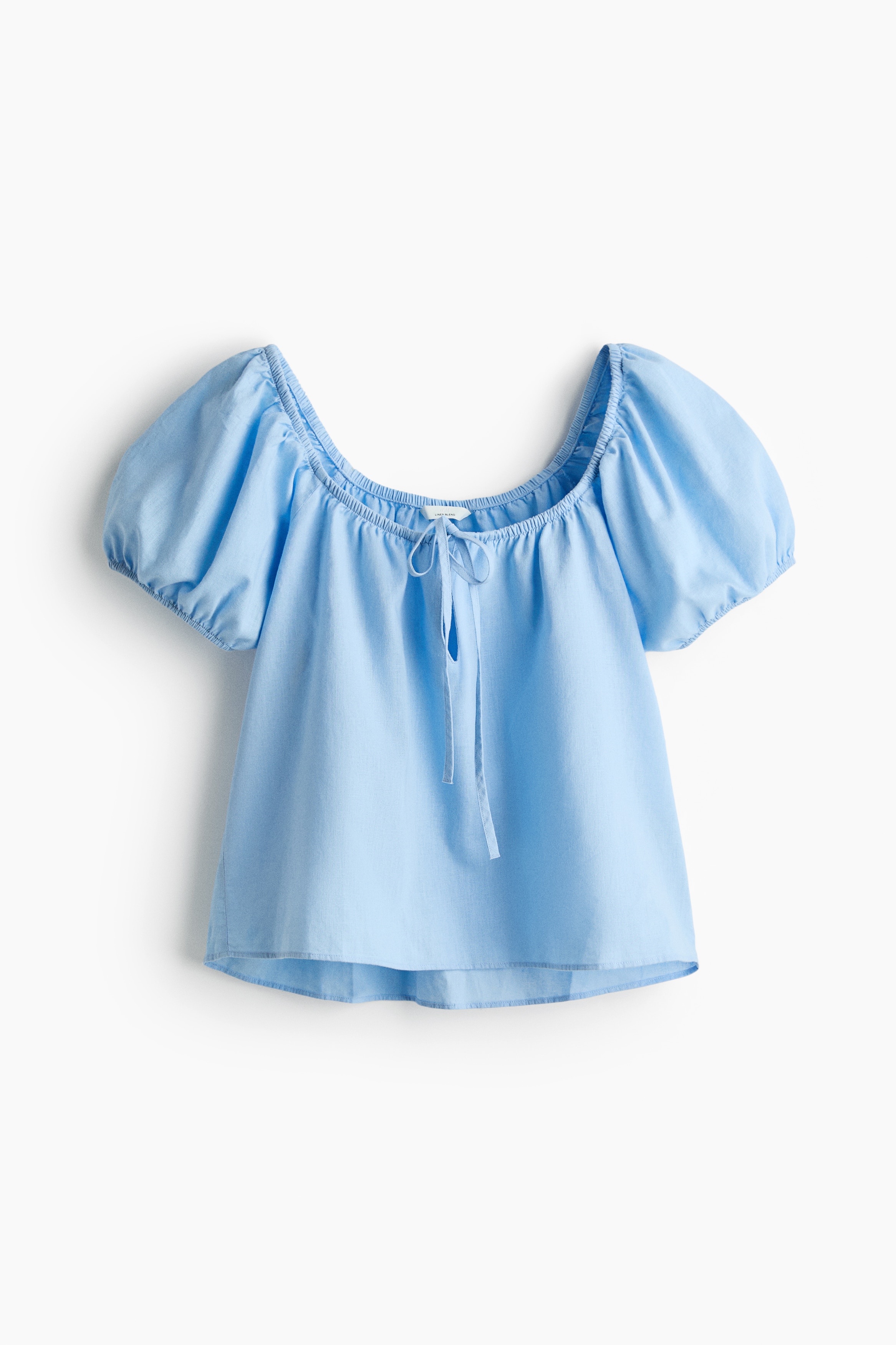 Puff-sleeved linen-blend blouse - Light blue/White