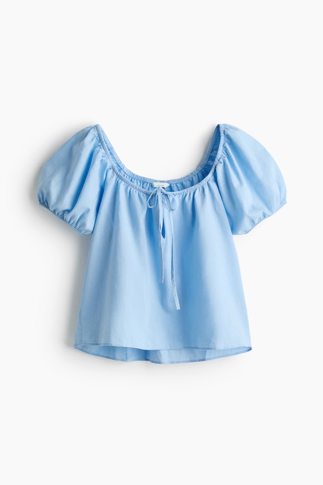 Blouse en lin mélangé avec manches bouffantes - Bleu clair/Blanc/Brun rouille - 1