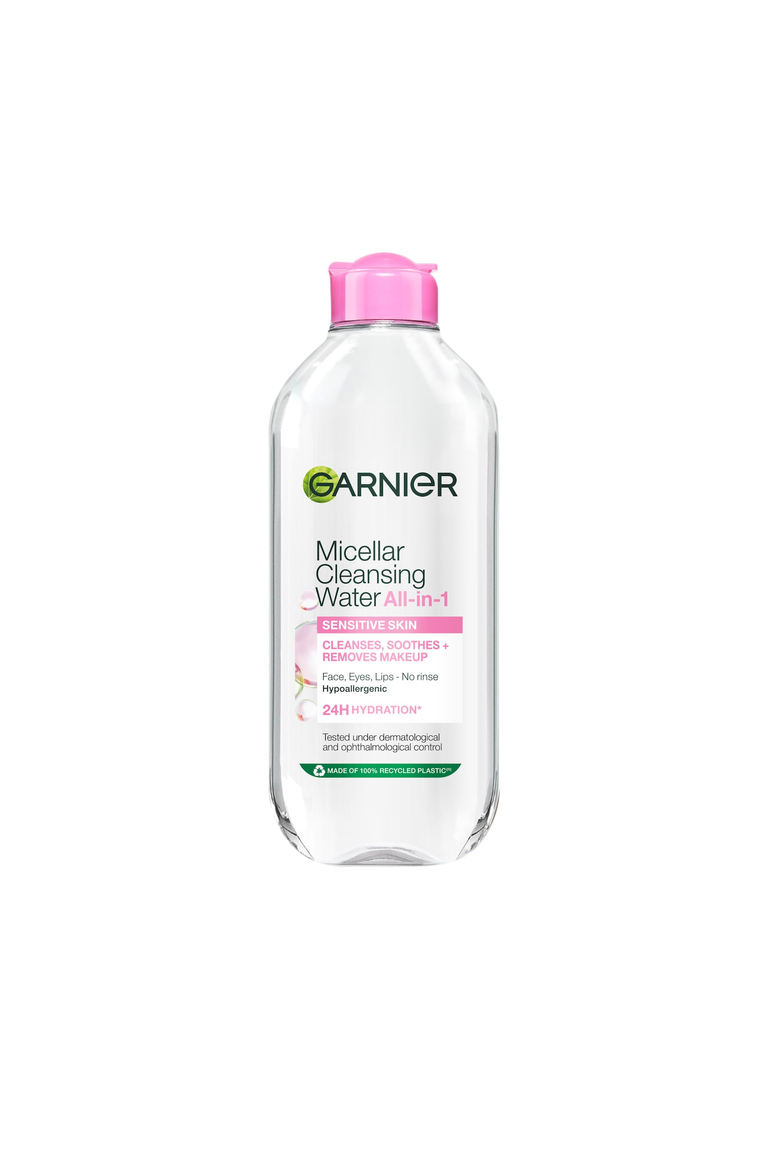 En flaska Micellar Cleansing Water All-in-1 stÃ¥r upprÃ¤tt och vÃ¤nd framÃ¥t, och visar upp sin genomskinliga plastfÃ¶rpackning fylld med transparent vÃ¤tska. Flaskan har en klarrosa flip-top-kork och en vit etikett med rosa och grÃ¶n text som beskriver att den Ã¤r avsedd fÃ¶r kÃ¤nslig hud. - 1