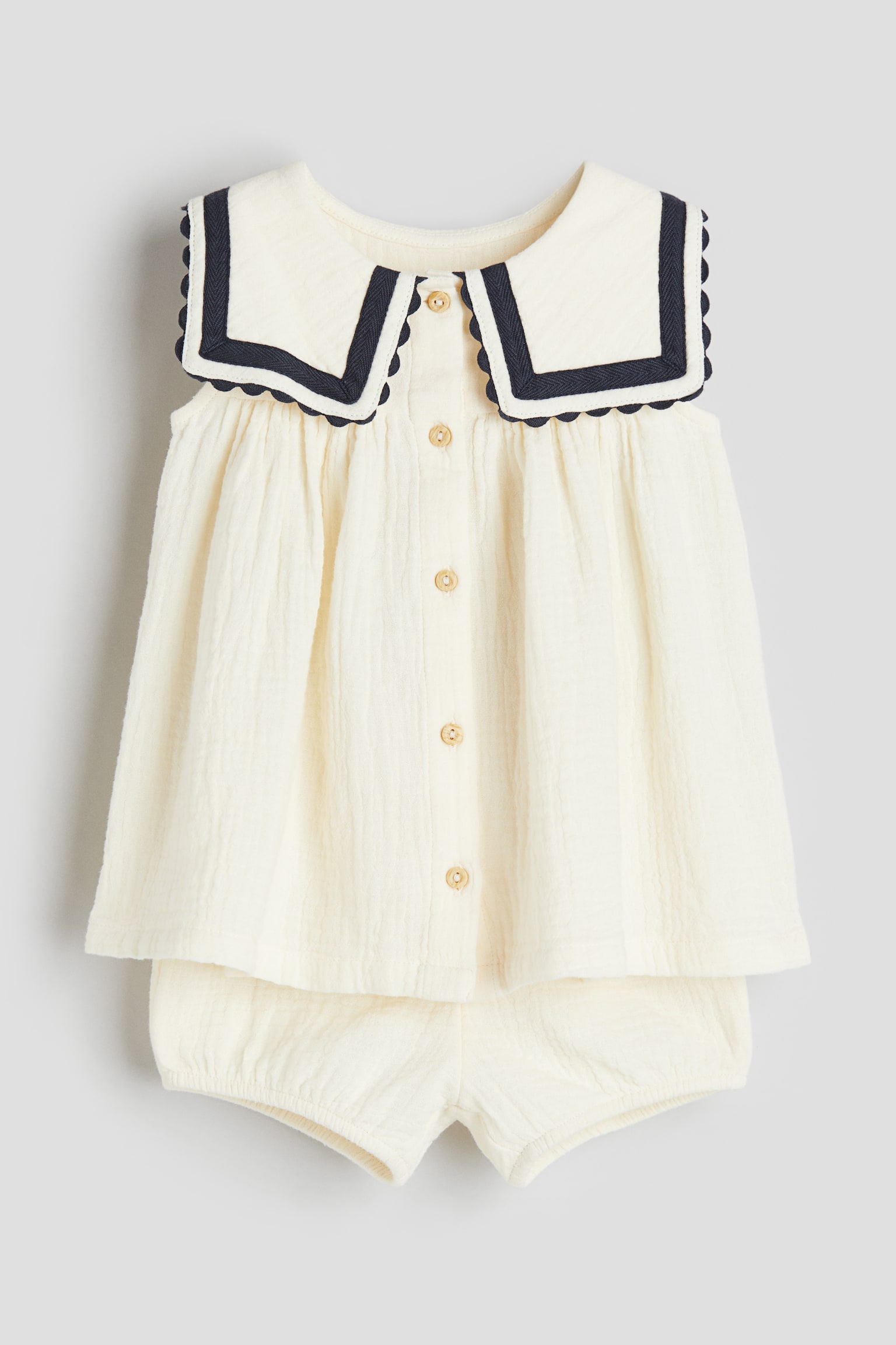 2-piece Muslin Dress & Bloomers Set - Cream/Navy blue - 1