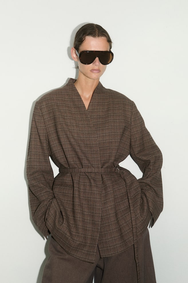 Oversized-Blazer mit Gürtel - Dunkelbeige/Kariert/Graumeliert/Dunkelbraun - 1
