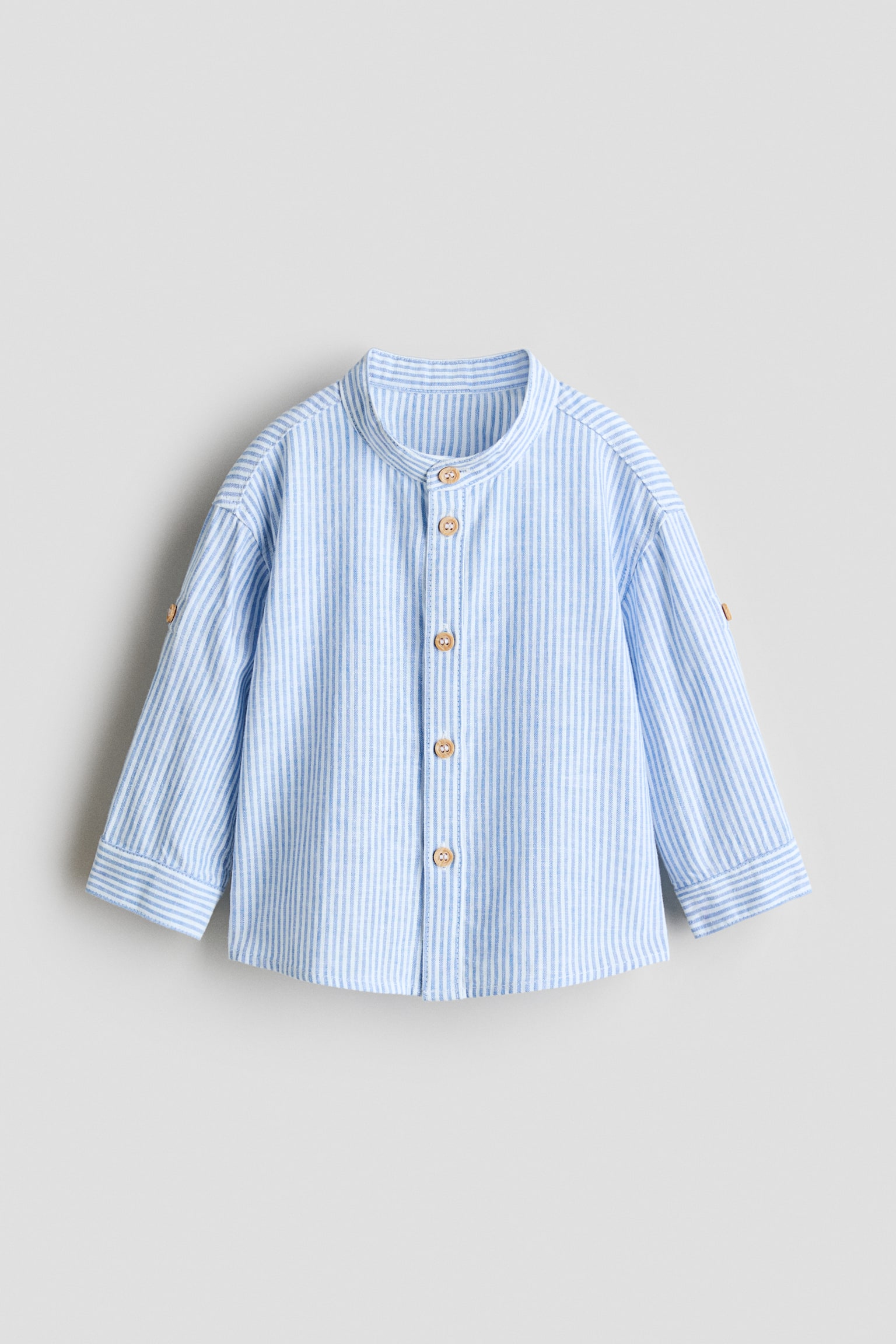 Chemise en lin mélangé avec col sans rabat - Bleu clair/rayures blanches/Blanc/Crème