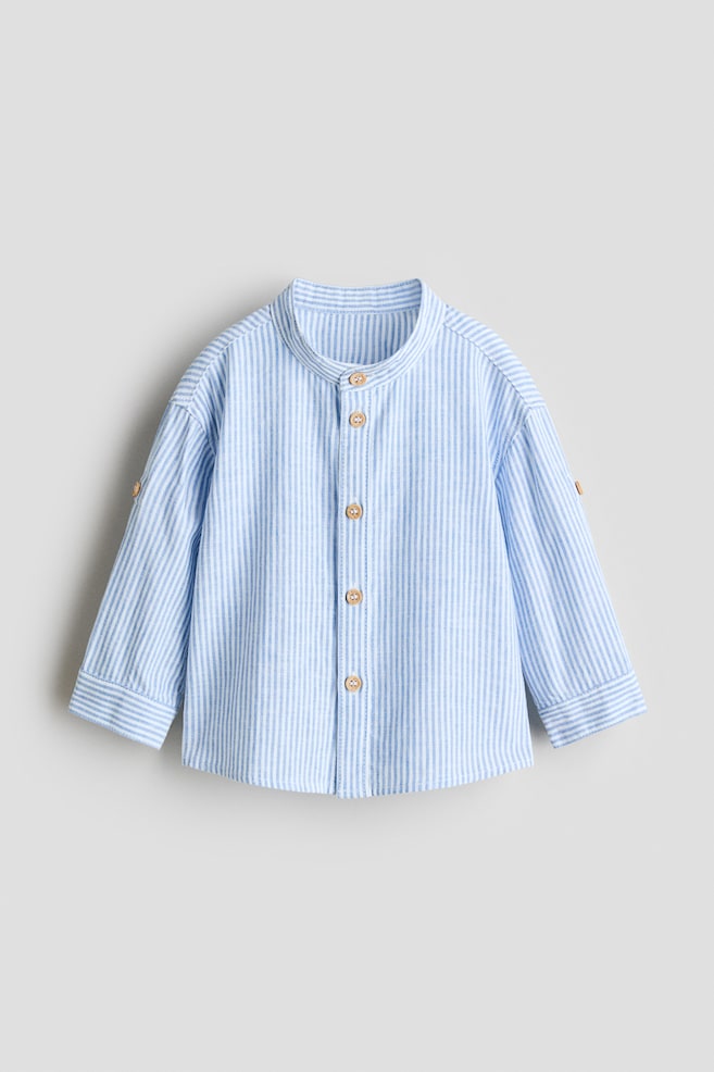 Camisa con cuello banda en mezcla de lino - Azul claro/Rayas blancas/Blanco/Crema - 1