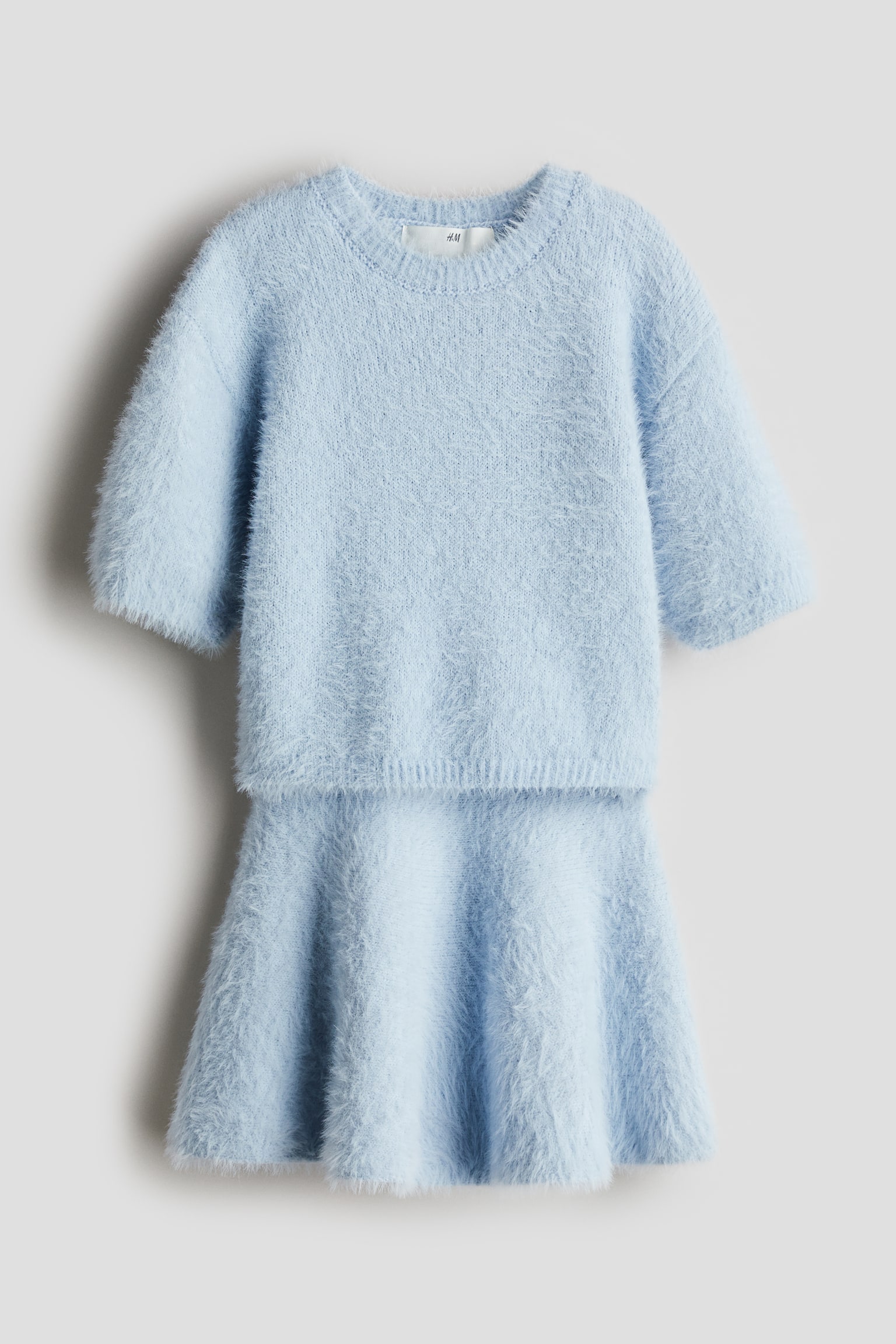 2-piece fluffy knit set - Light blue/White - 1