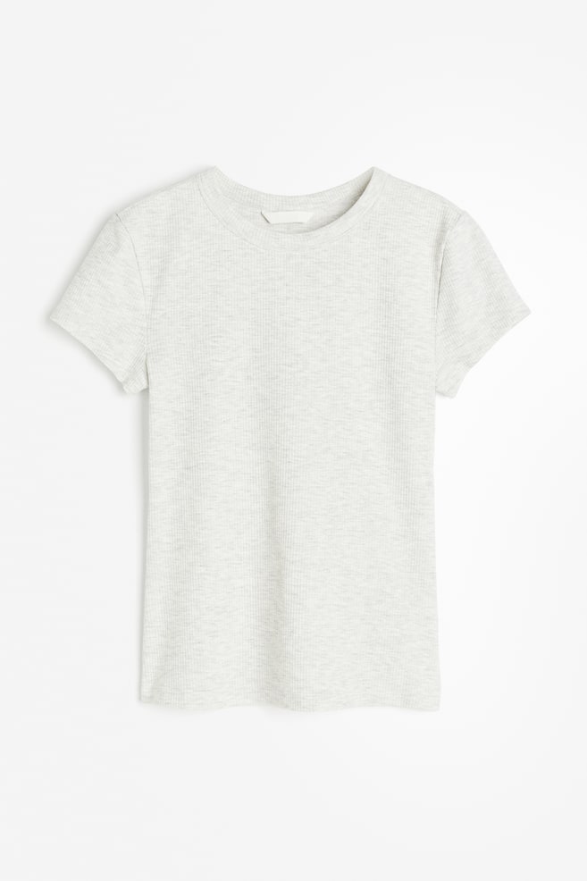 Ribbet T-shirt - Lysegråmeleret/Hvid/Sort/Mørk beige - 1