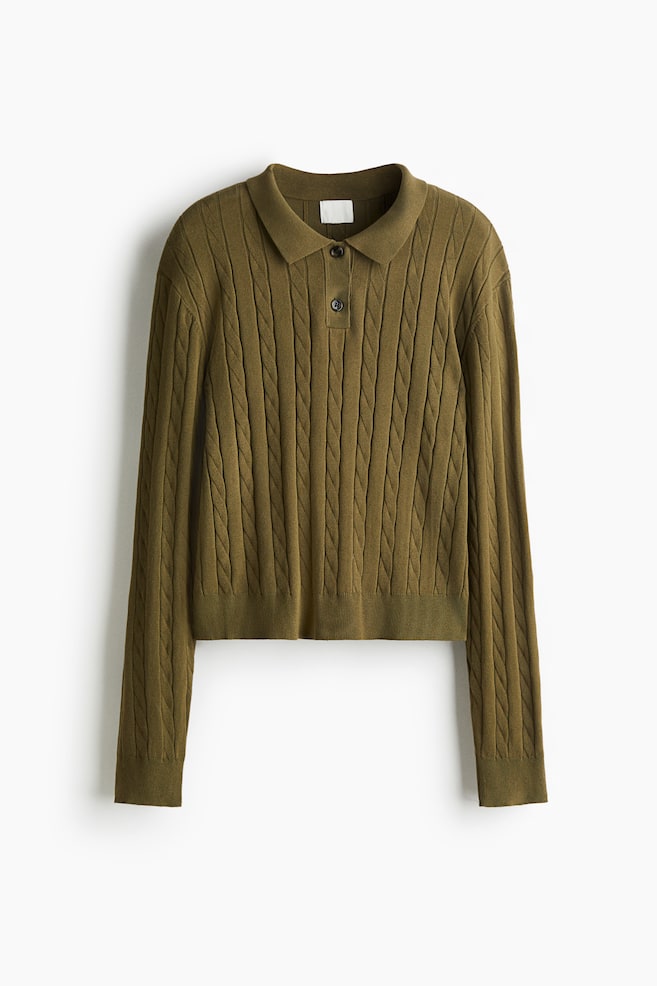 Cable-knit polo shirt - Khaki green/Grey marl - 1