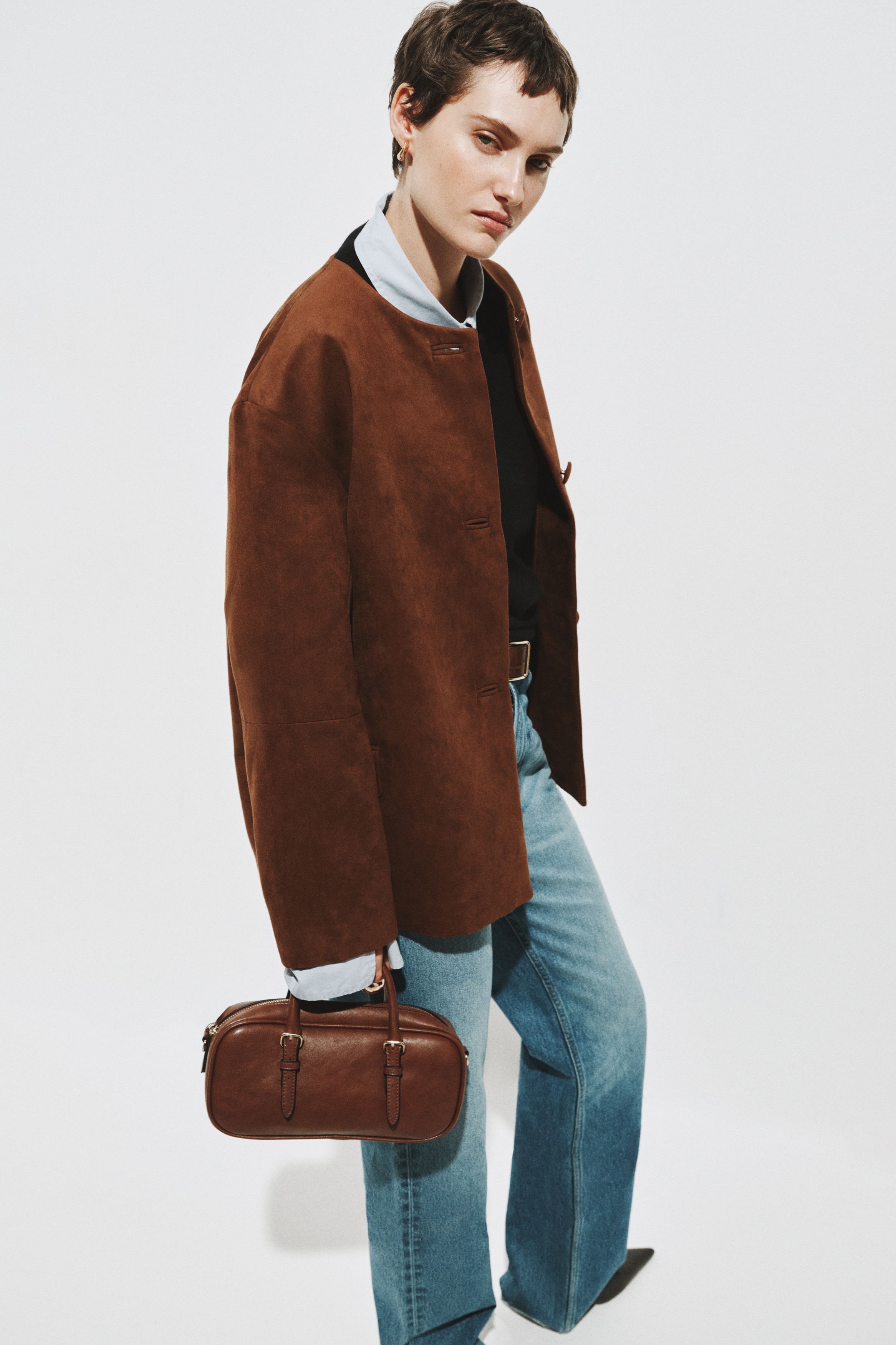 Kragenlose Jacke - Braun