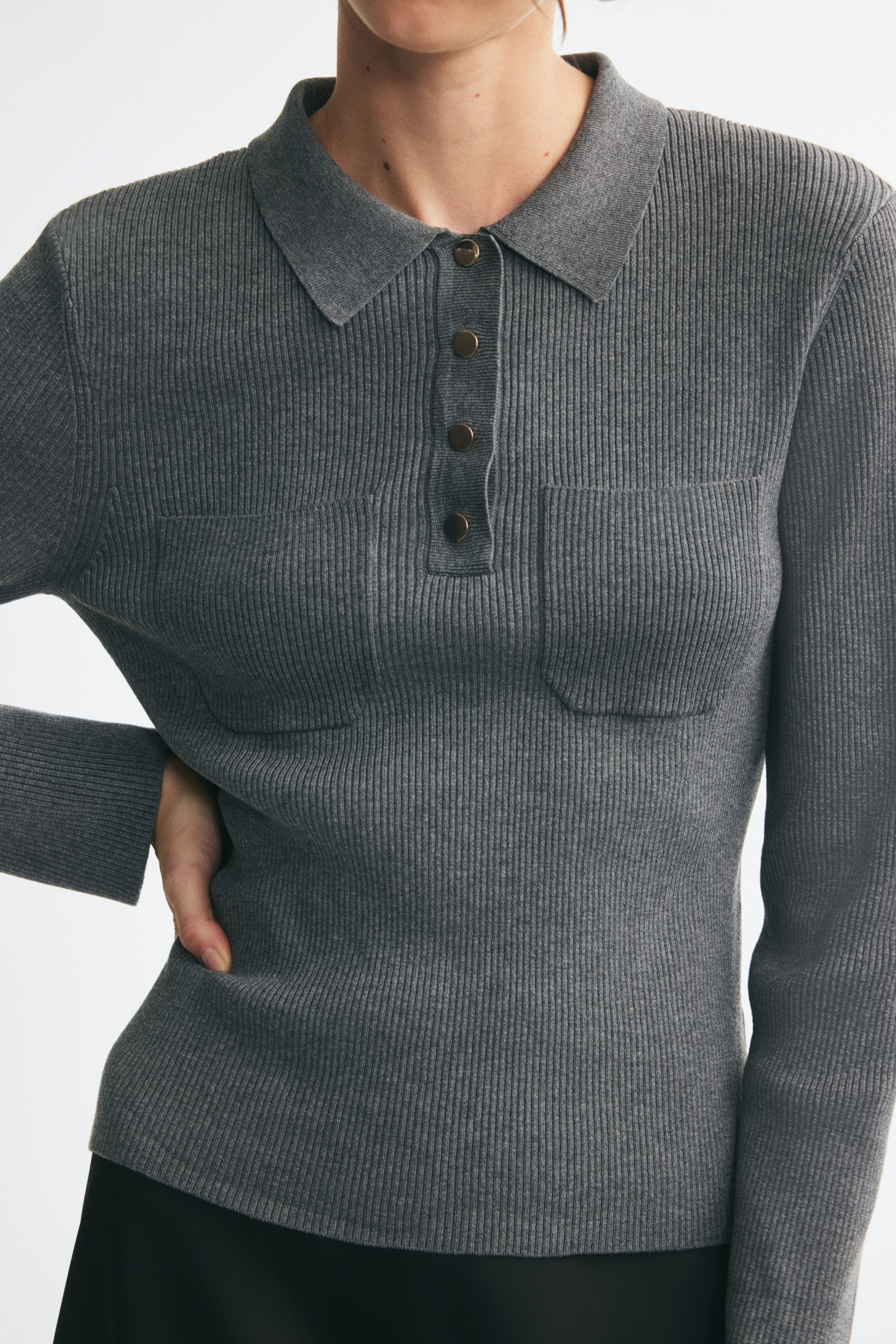 View larger image: Rib-knit polo jumper - Dark grey marl - Ladies | H&M 1