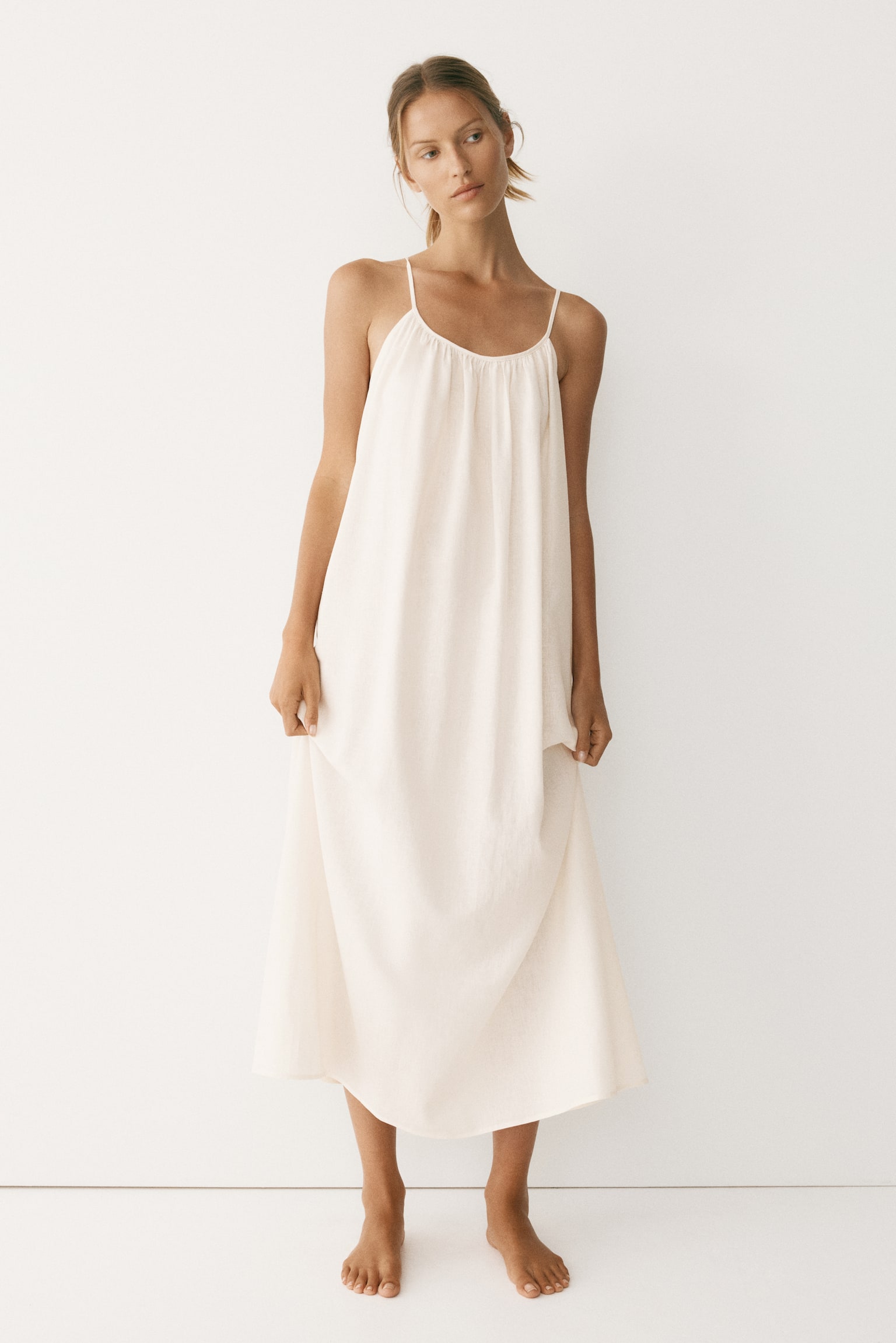 Linen-blend throw-on dress-Cream - 1