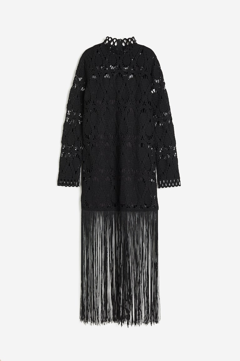 h&m knitted fringe dress Women's Black Crochet-look fringe-trimmed H2T