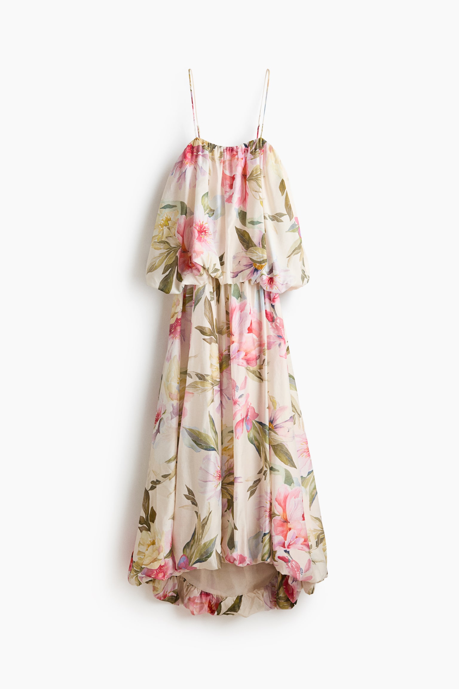 泡泡裙襬細肩帶洋裝 - 奶油色/花朵 - 1