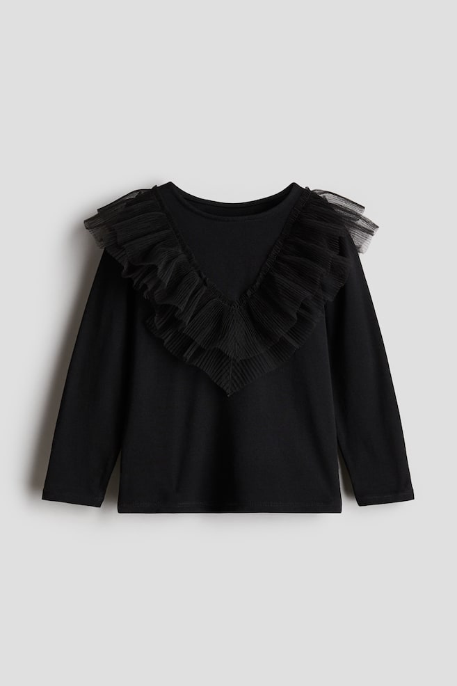 Camiseta de algodón con volantes - Negro - 1