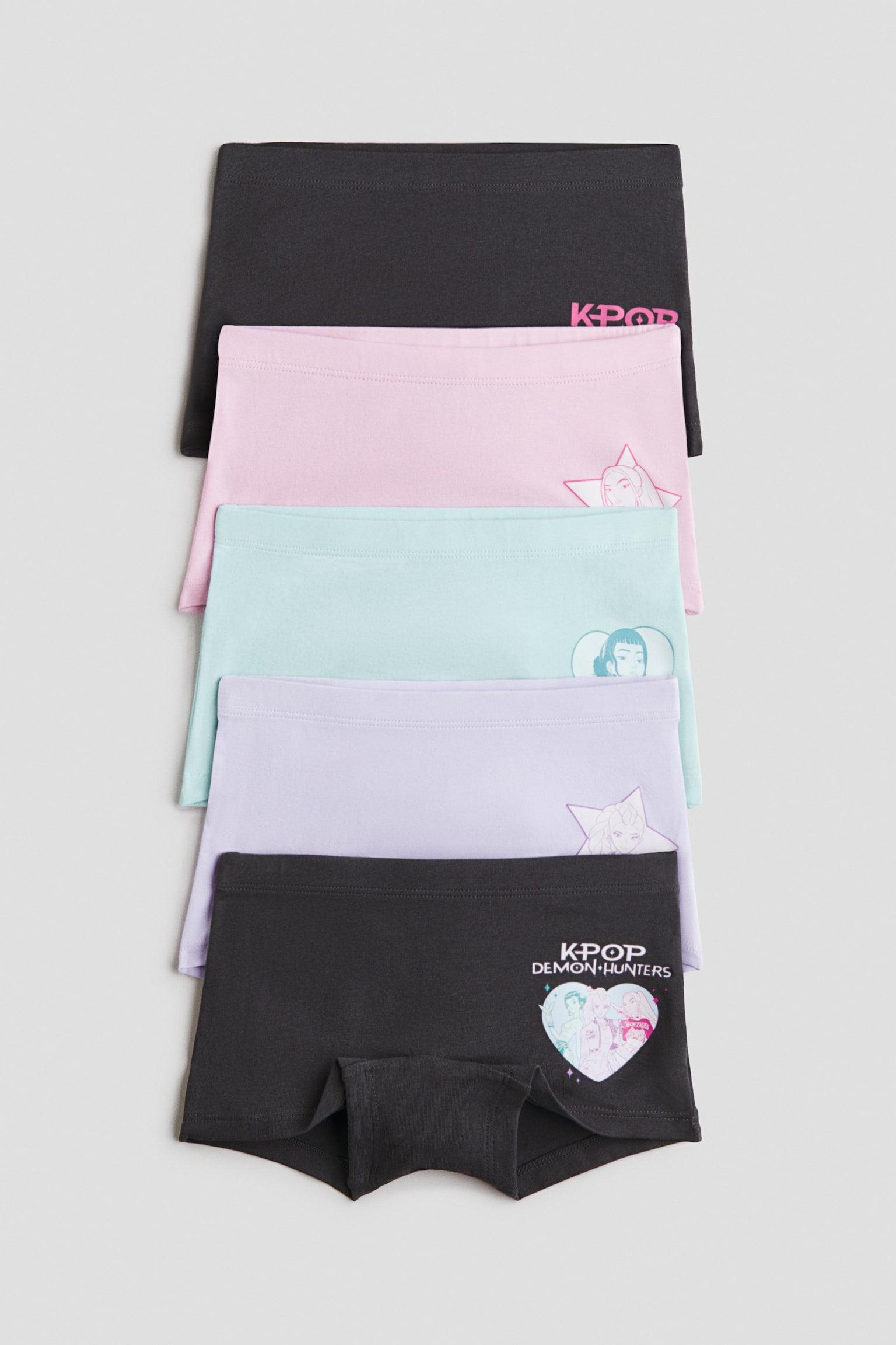 Lot de 5 boxers imprimés en coton - Vert menthe/KPop Demon Hunters/Crème/Lilo et Stitch/Crème/Hello Kitty/Rose/CapyFun