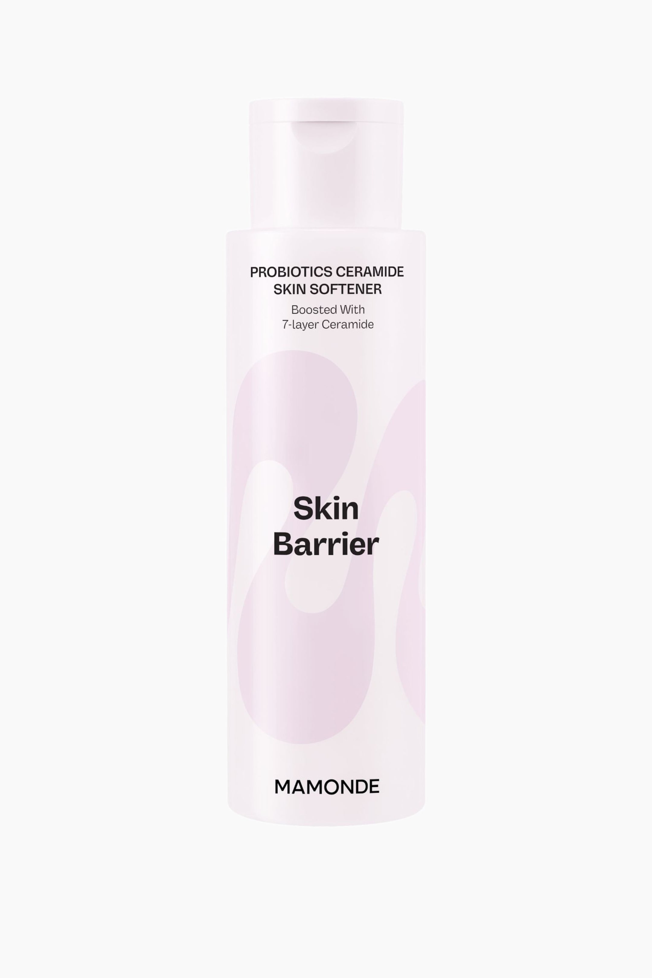 Visa större bild: En vit cylindrisk flaska med vit flip-top-kork står upprätt och vänd framåt, med texten ”PROBIOTICS CERAMIDE SKIN SOFTENER”, ”Boosted With 7-layer Ceramide”, ”Skin Barrier” och ”MAMONDE” över ett ljuslila vågigt mönster.