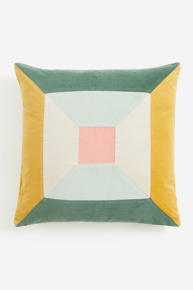 Aksamitna patchworkowa poszewka na poduszkę - Musztardowożółty/Zielony - 1