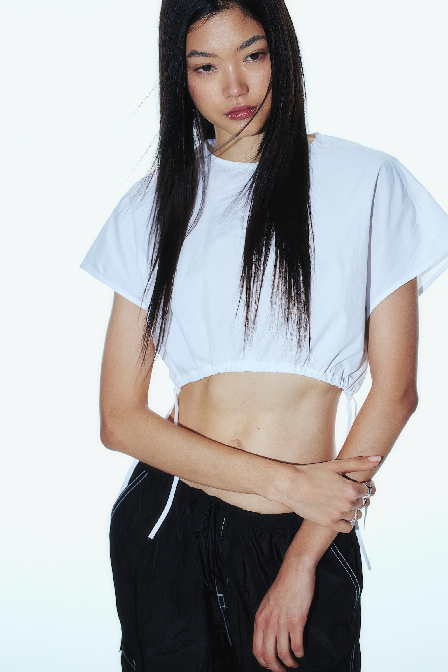 Drawstring-detail cropped top - White/Navy blue - 3