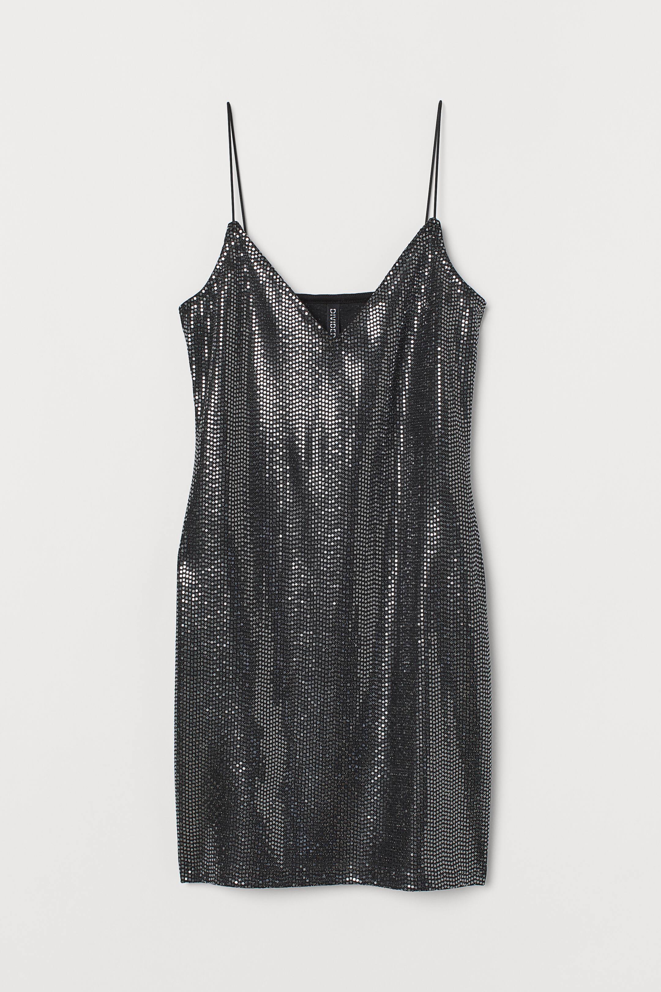 Short dress - V-neck - Sleeveless - Black/Silver-coloured - Ladies 