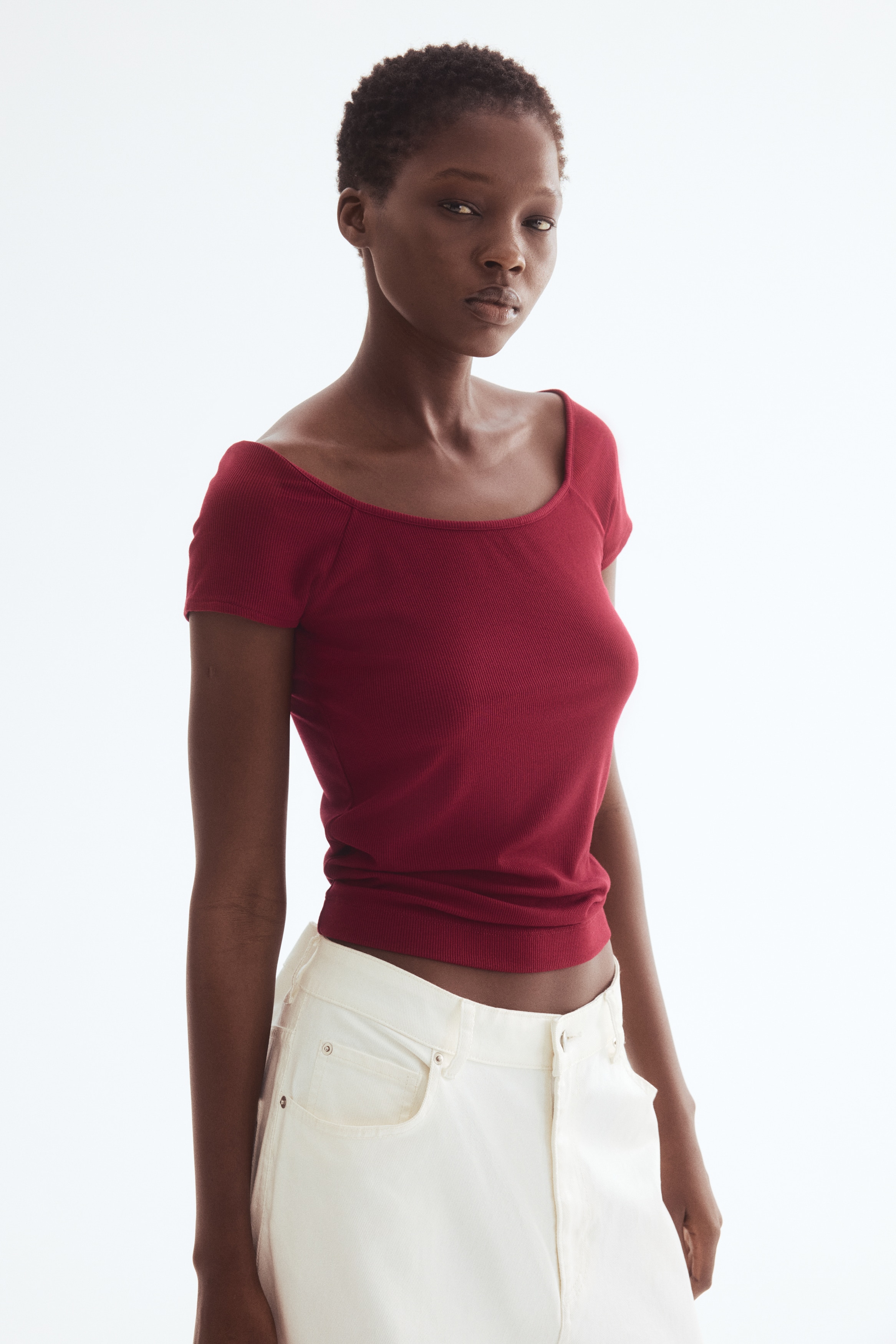 Ribbed Top - Dark red/Cream/Red