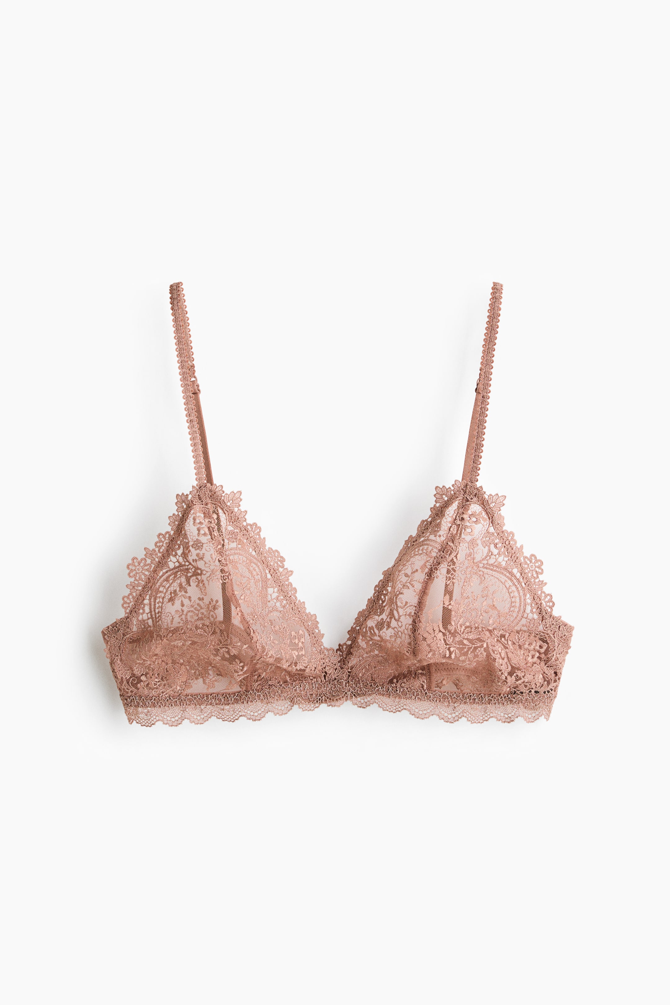 View larger image: The soft bra showcases its front, highlighting triangular cups made from nude-toned embroidered mesh adorned with intricate floral designs and scalloped lace trims. Delicate, picot-edged shoulder straps extend from the cups.