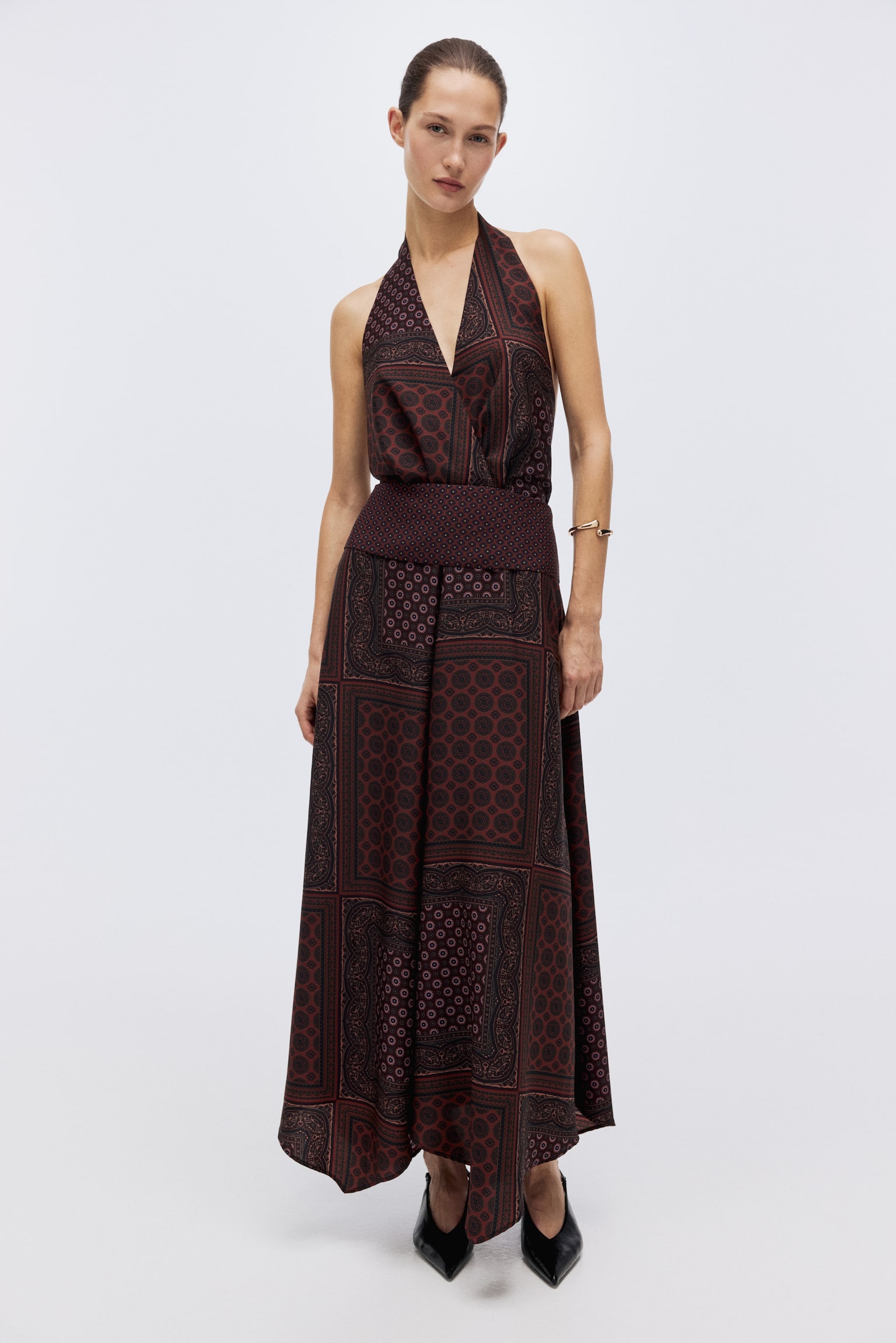 Long halterneck dress - Burgundy/Patterned - 6
