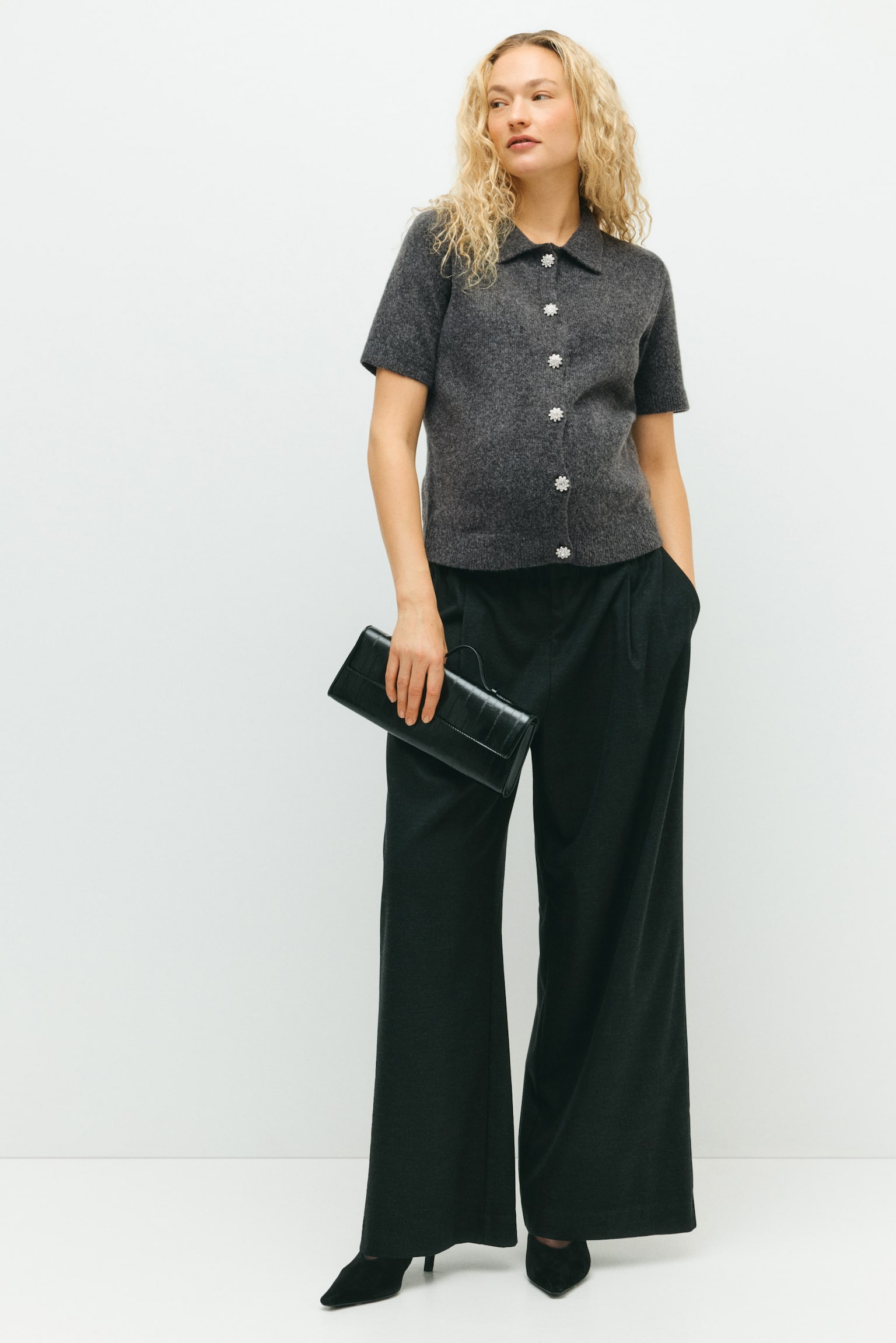 MAMA Rhinestone-button cardigan - Dark grey marl/Cream - 3