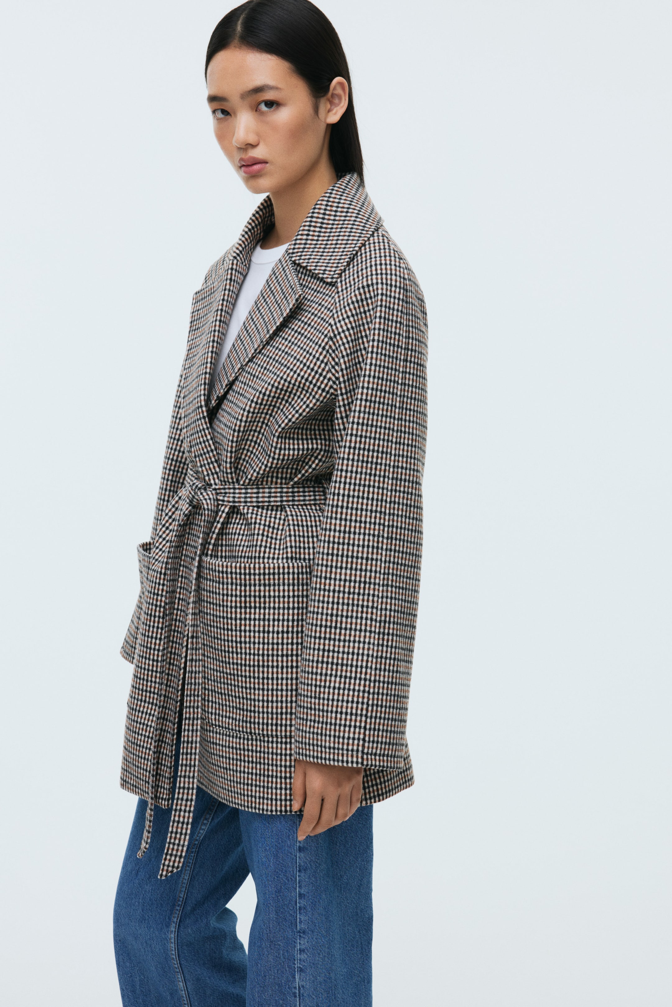 Ampliar la imagen: Abrigo con cinturón de lazo - Beige claro/Cuadros - Ladies | H&M MX 5