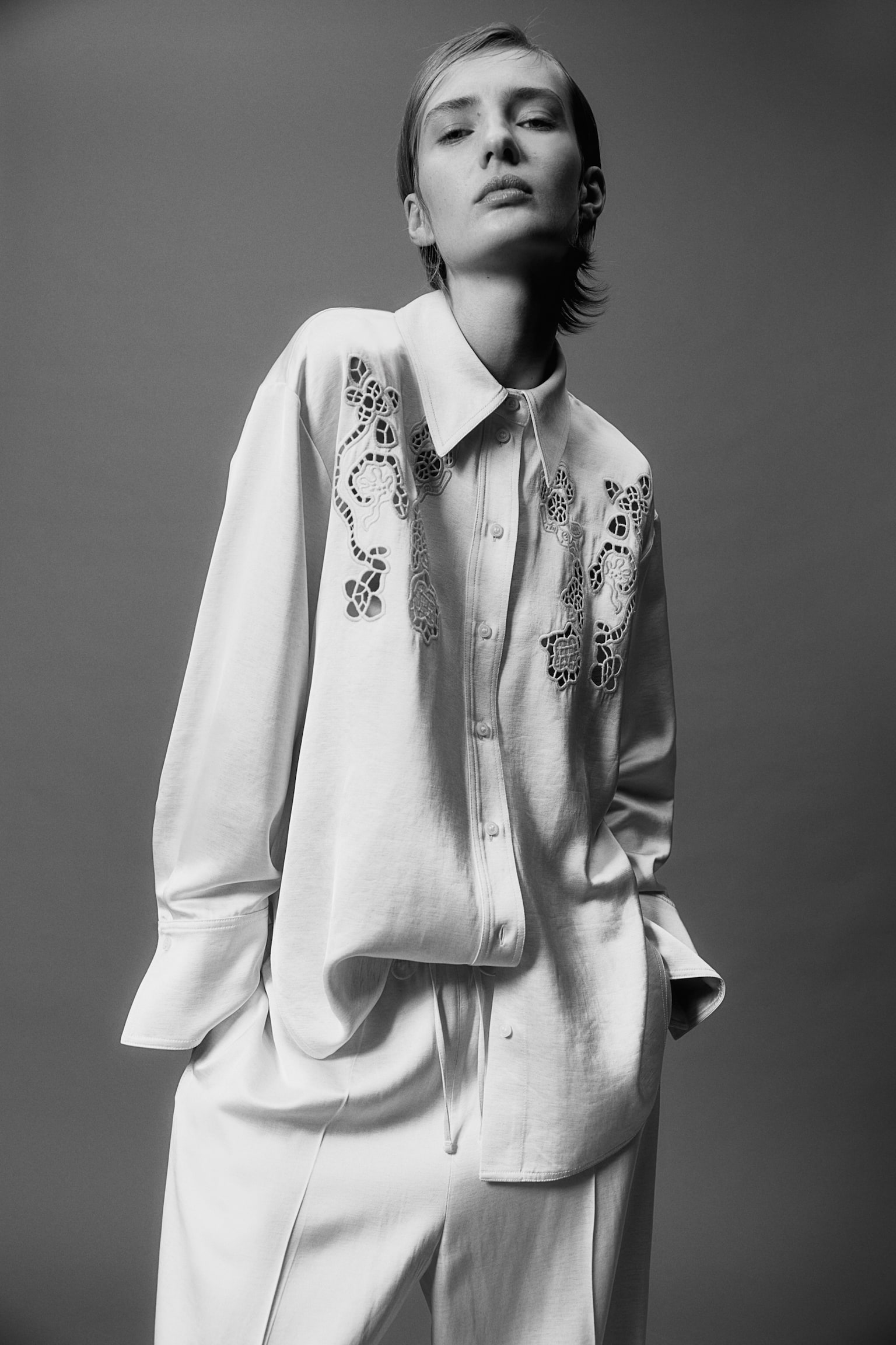 Oversized Embroidered Shirt - Cream - 1