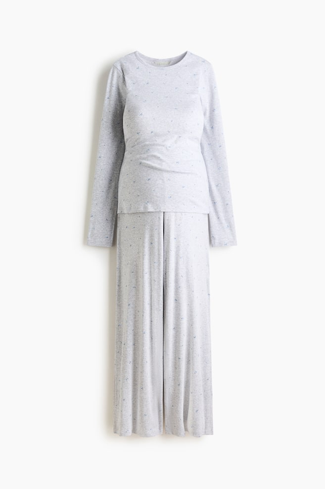 MAMA Pyjamas i pointelletrikot - Gråmelert/Blomstret/Sort - 1
