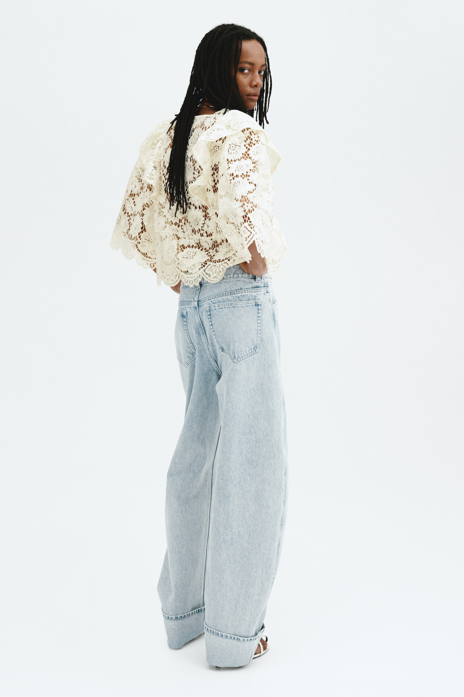 Flounce-trimmed lace blouse - Cream - 5