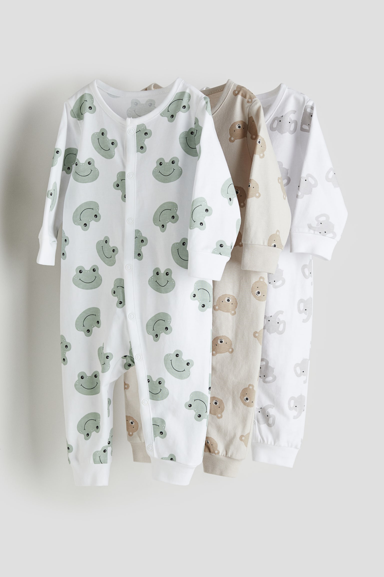 3-pack Cotton Sleepsuits - White/Frogs/Light beige/Giraffes/Dark blue/Stripe/Light beige/Zebras/Light blue/Birds/Natural white/Floral/White/Pattern/Purple/Floral/Light purple/Floral/Dark grey/Stripe/Dark grey/Moons - 1