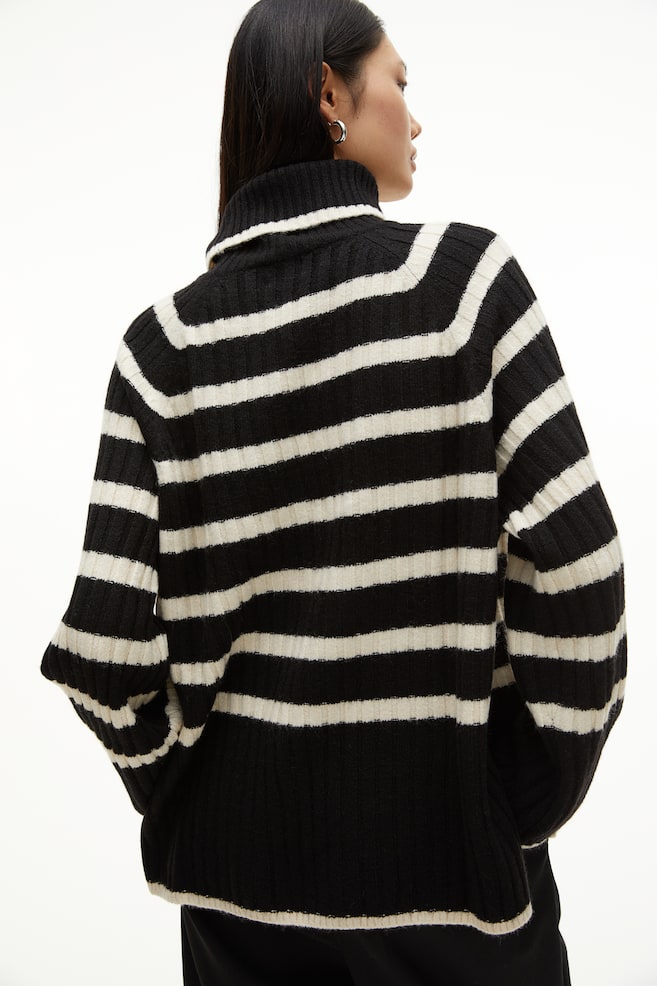 Rib-knit polo-neck jumper - Black/Striped/White/Striped/Beige - 3