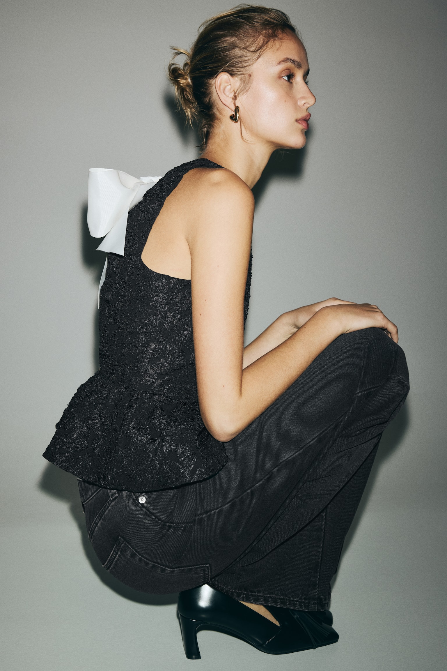 Bow-detail peplum top - Negru - 2