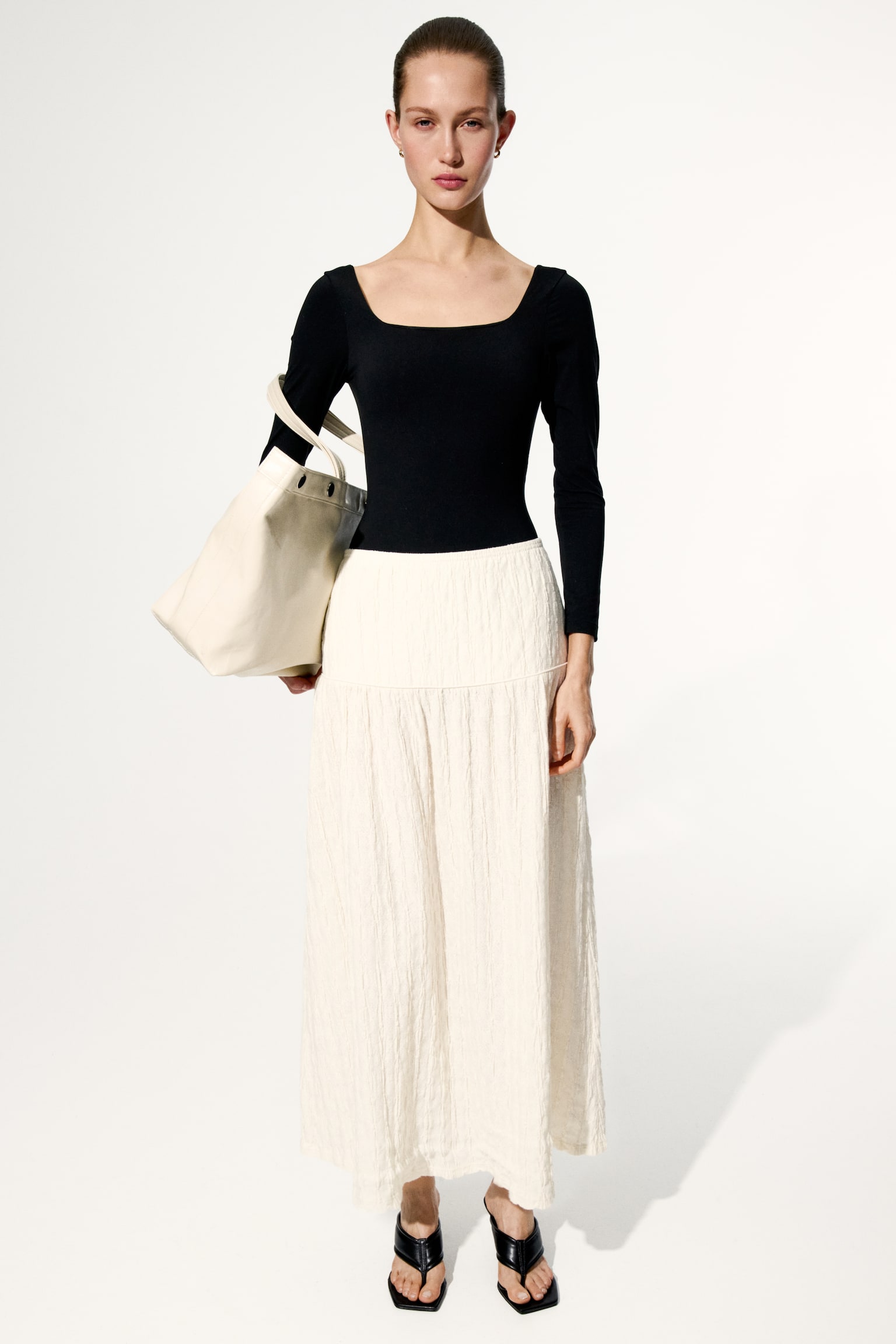 Textured jersey midi skirt - Cream/Dark brown - 4