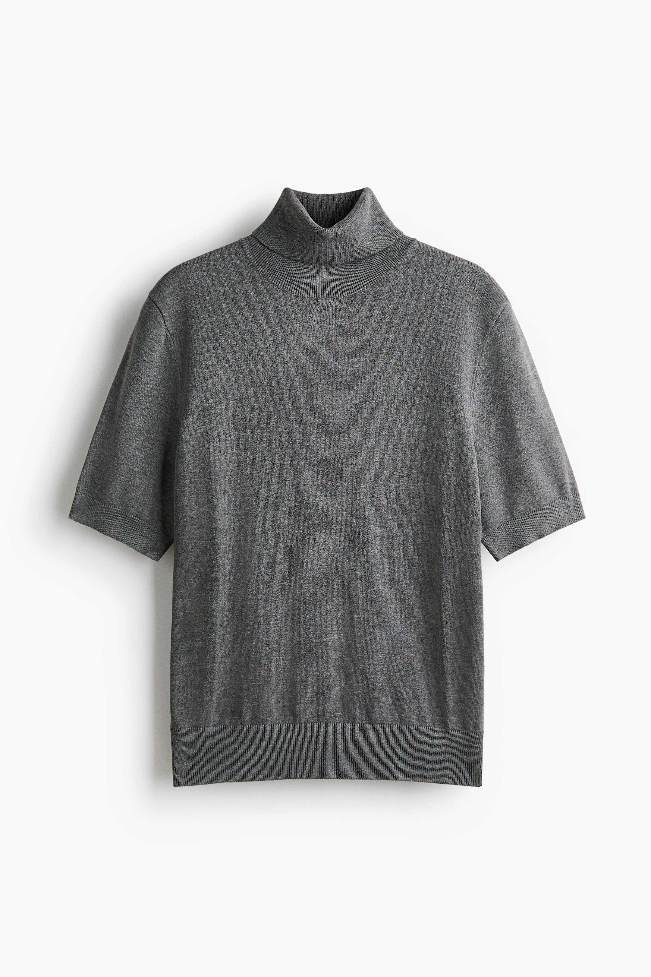 View larger image: A grey fine-knit top featuring a ribbed polo neck, short sleeves with ribbed cuffs, and a ribbed hem.