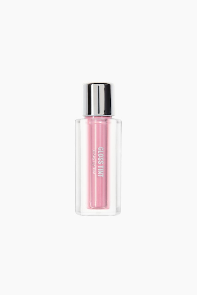 A lip tint bottle stands upright, showcasing a clear, frosted rectangular outer casing surrounding a light pink inner tube. The bottle is topped with a metallic silver cylindrical cap, and white vertical text reading "GLOSS TINT" is displayed on the front of the inner tube. - 1