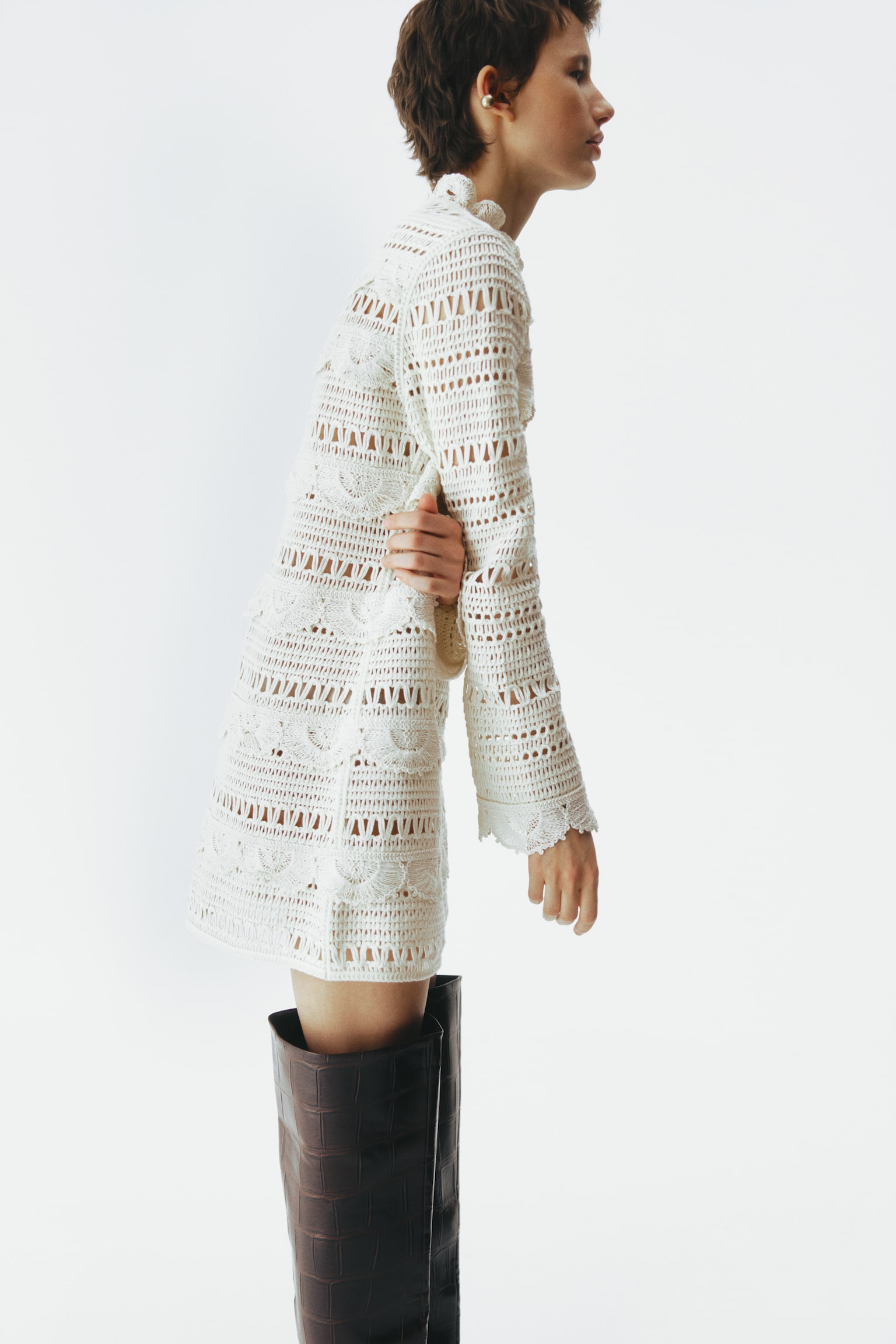 鉤花造型迷你洋裝 - 奶油色 - 3