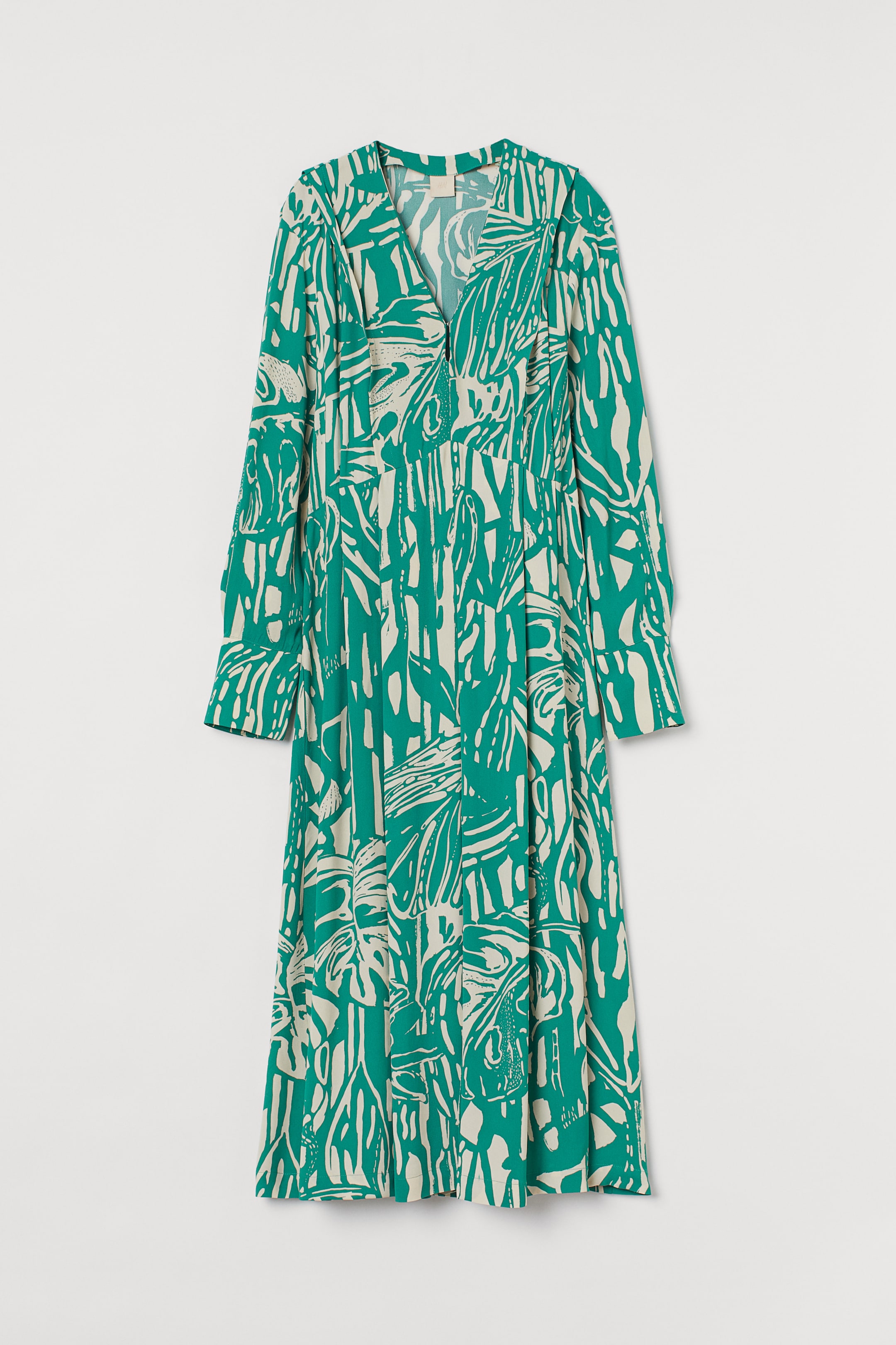 Long V-neck dress - Deep neckline - Long sleeve - Light green