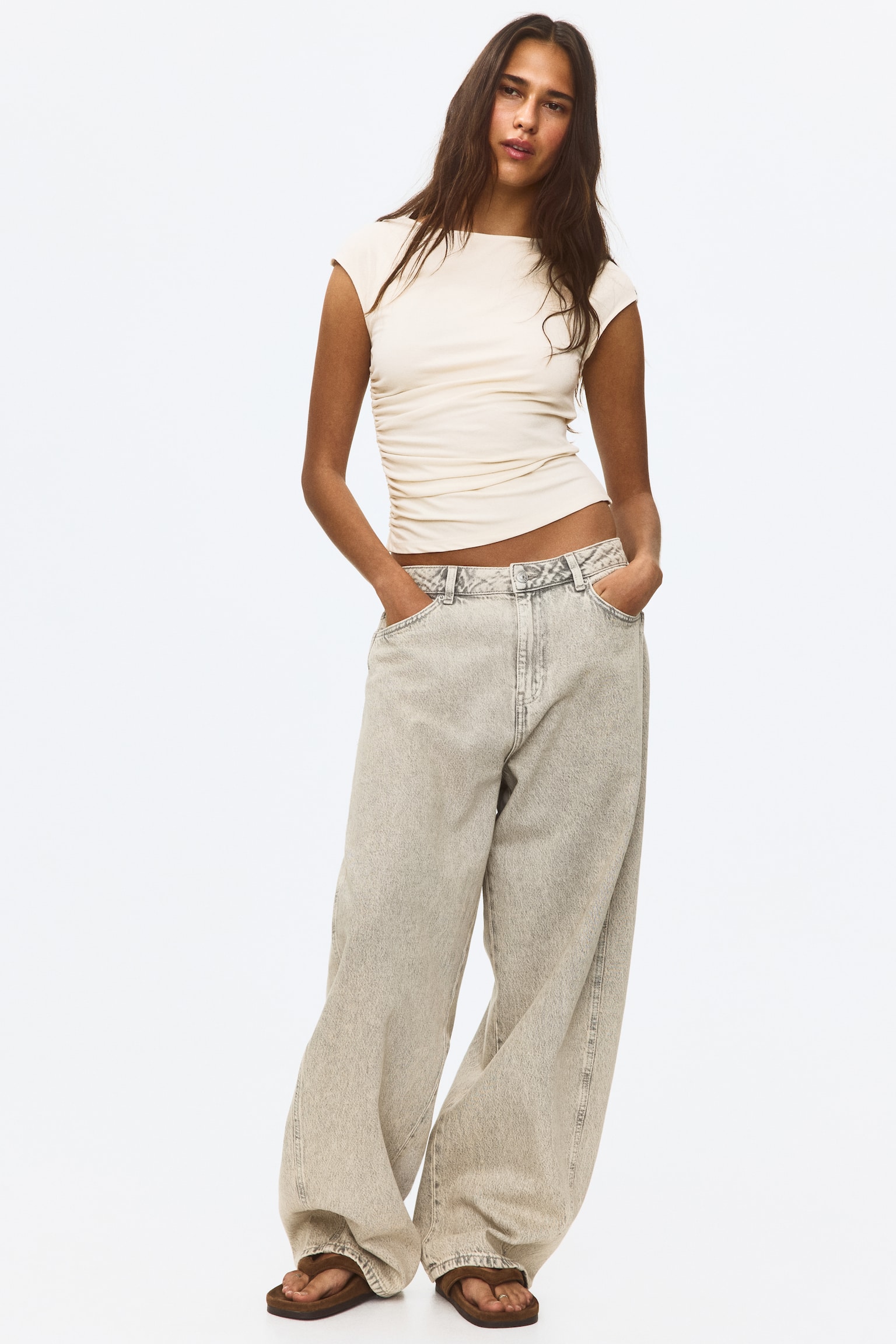 Draped Cap-Sleeved Top - Cream/Dark brown/Light dusty blue - 1