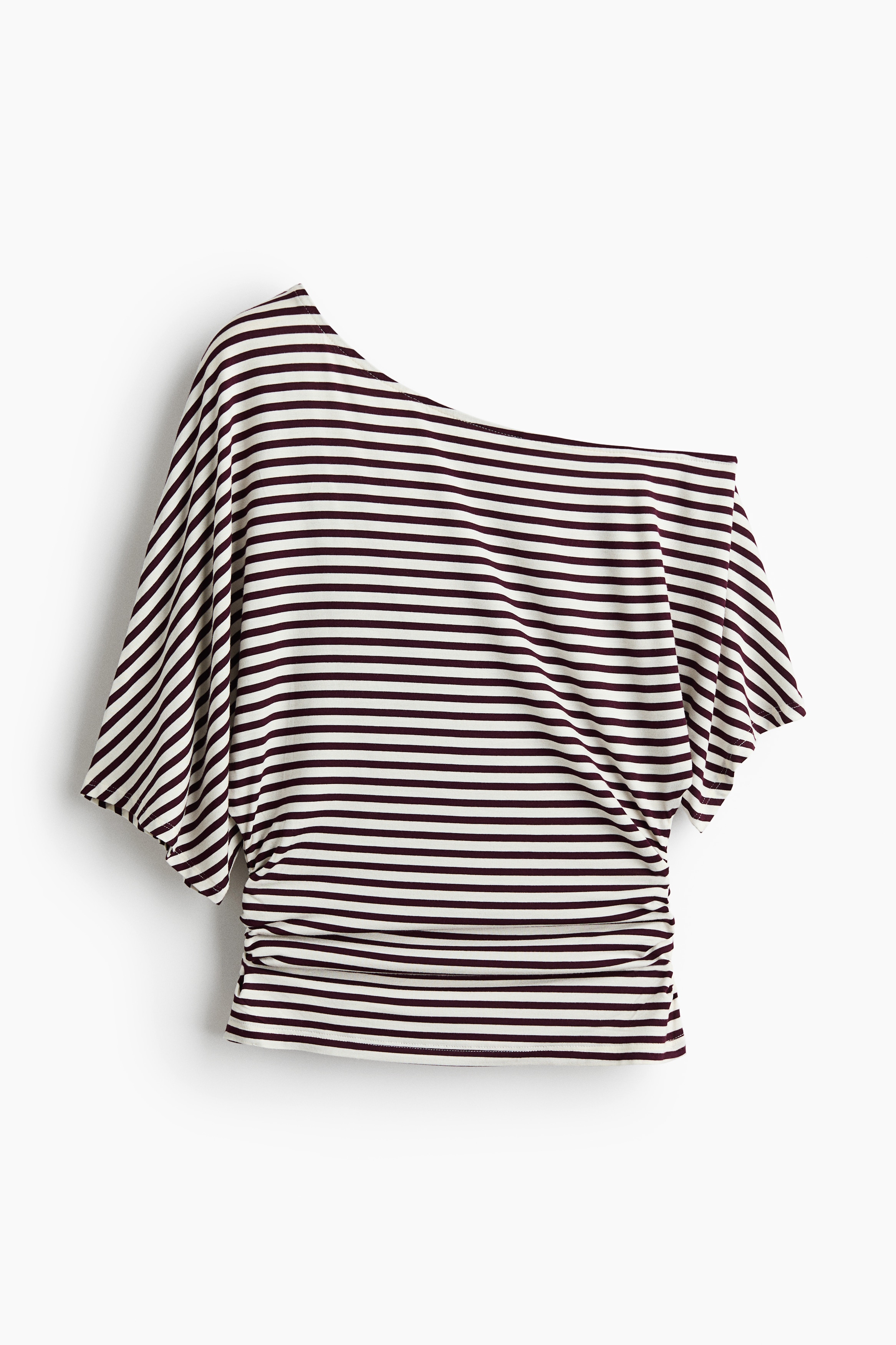 Camisola com ombro descoberto - Branco/Riscas bordeaux/Vermelho/Castanho escuro