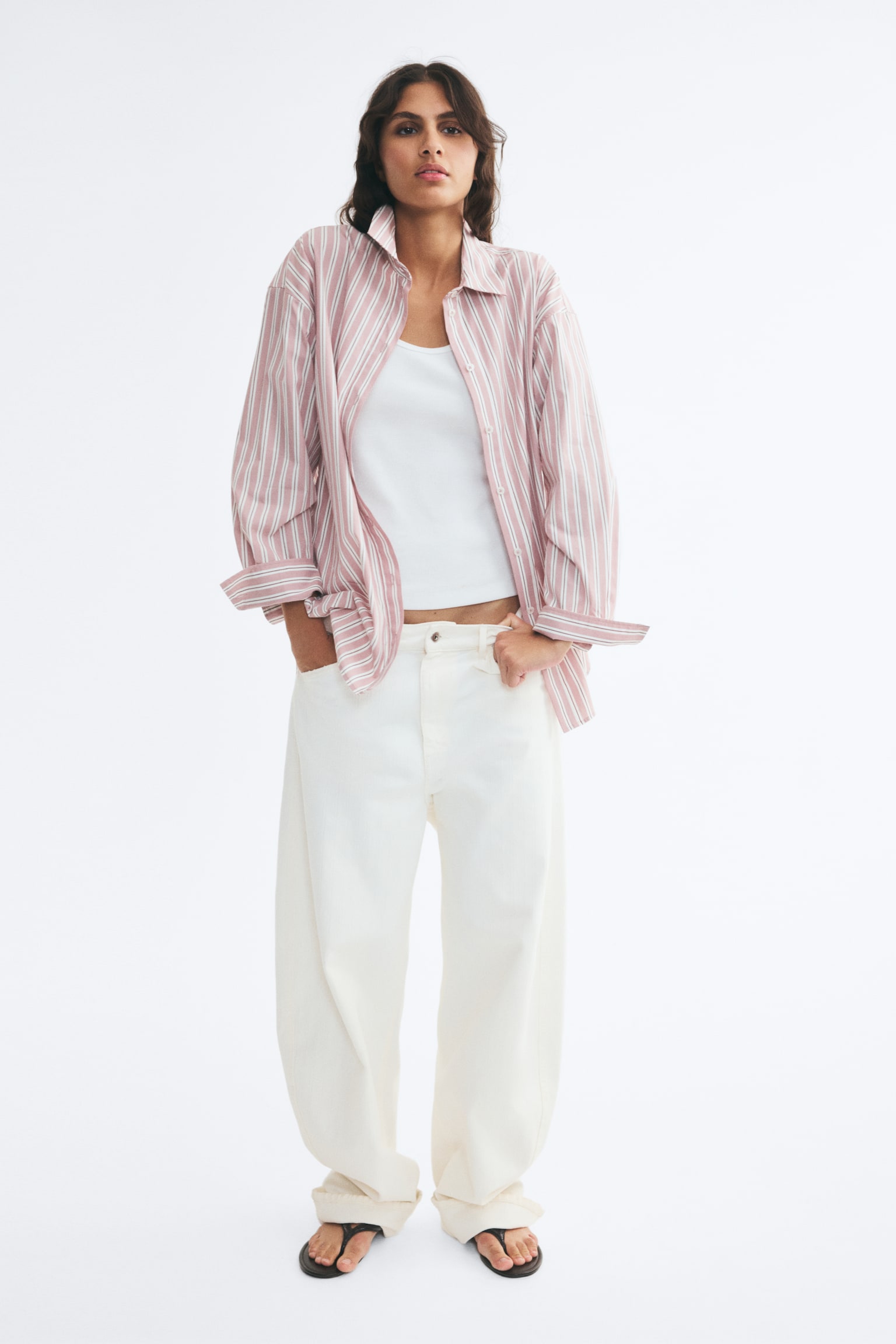 Oversized Poplin Shirt - Dusty pink/striped/Cream/striped/Light beige/striped - 1
