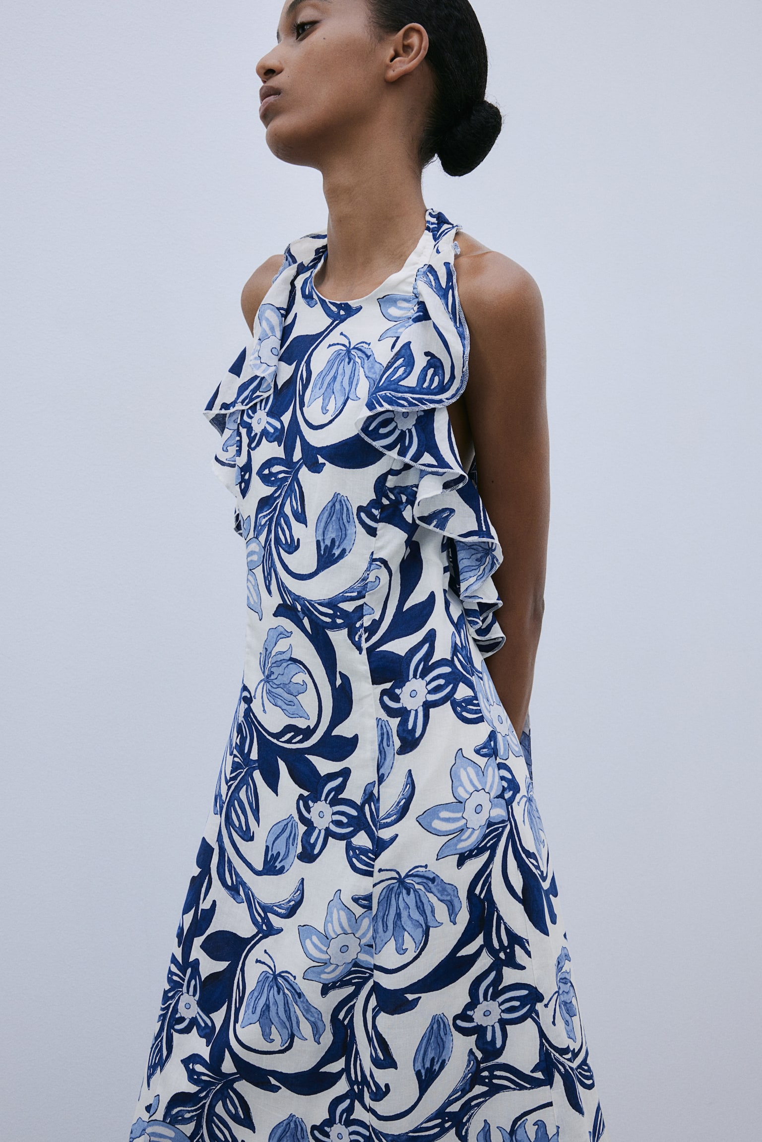 Flounce Trim Halterneck Dress - White/Blue floral - 5