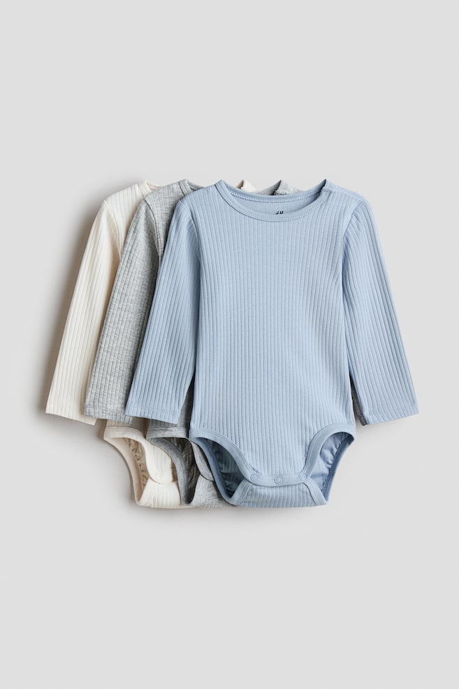 3-pack ribbed bodysuits - Light blue/Light grey/Dusty green/Dark grey/Greige/Light beige/Navy blue/Light blue/Grey/Striped/Pink/Cream/Grey/Striped/Dusty pink/Light beige/Black/White/Light green/Light pink/Purple/White - 1