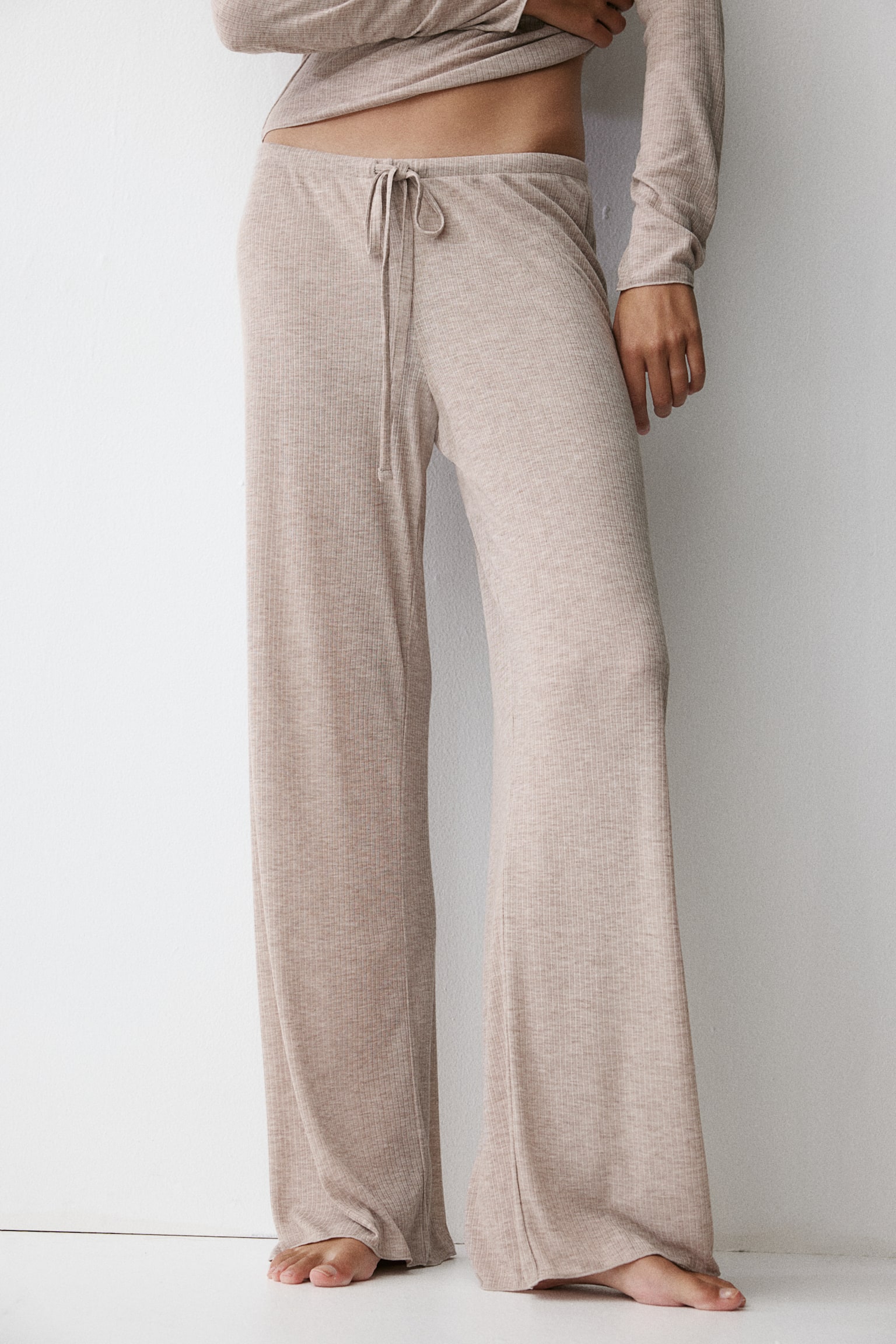 Ribbed pyjamas - Light beige marl/Dark grey marl/Burgundy - 3