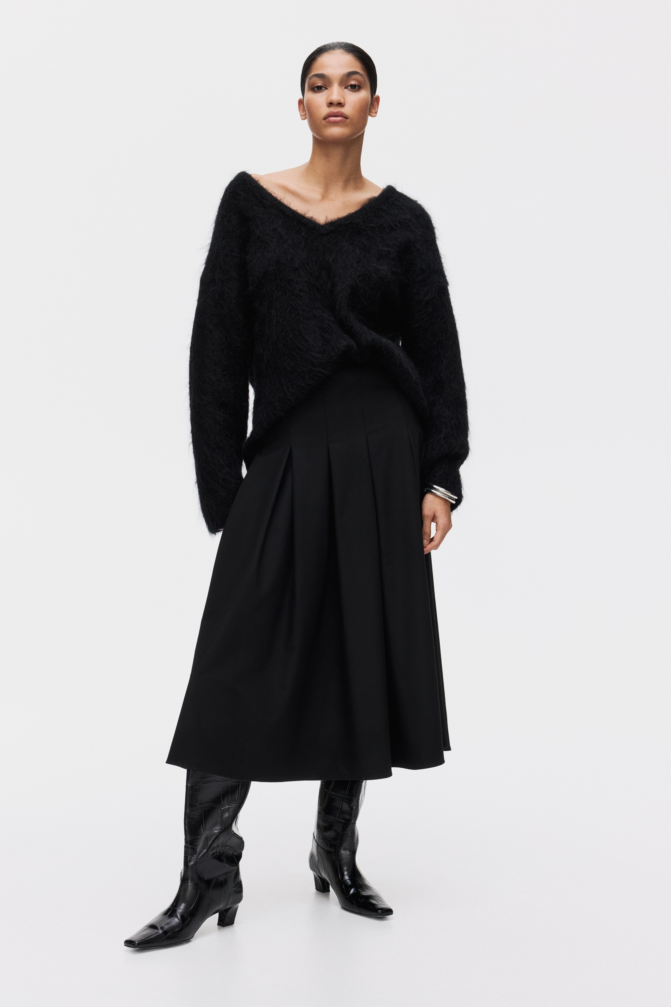 プリーツミディスカート - ダークグレーメランジ - レディース | H&M JP